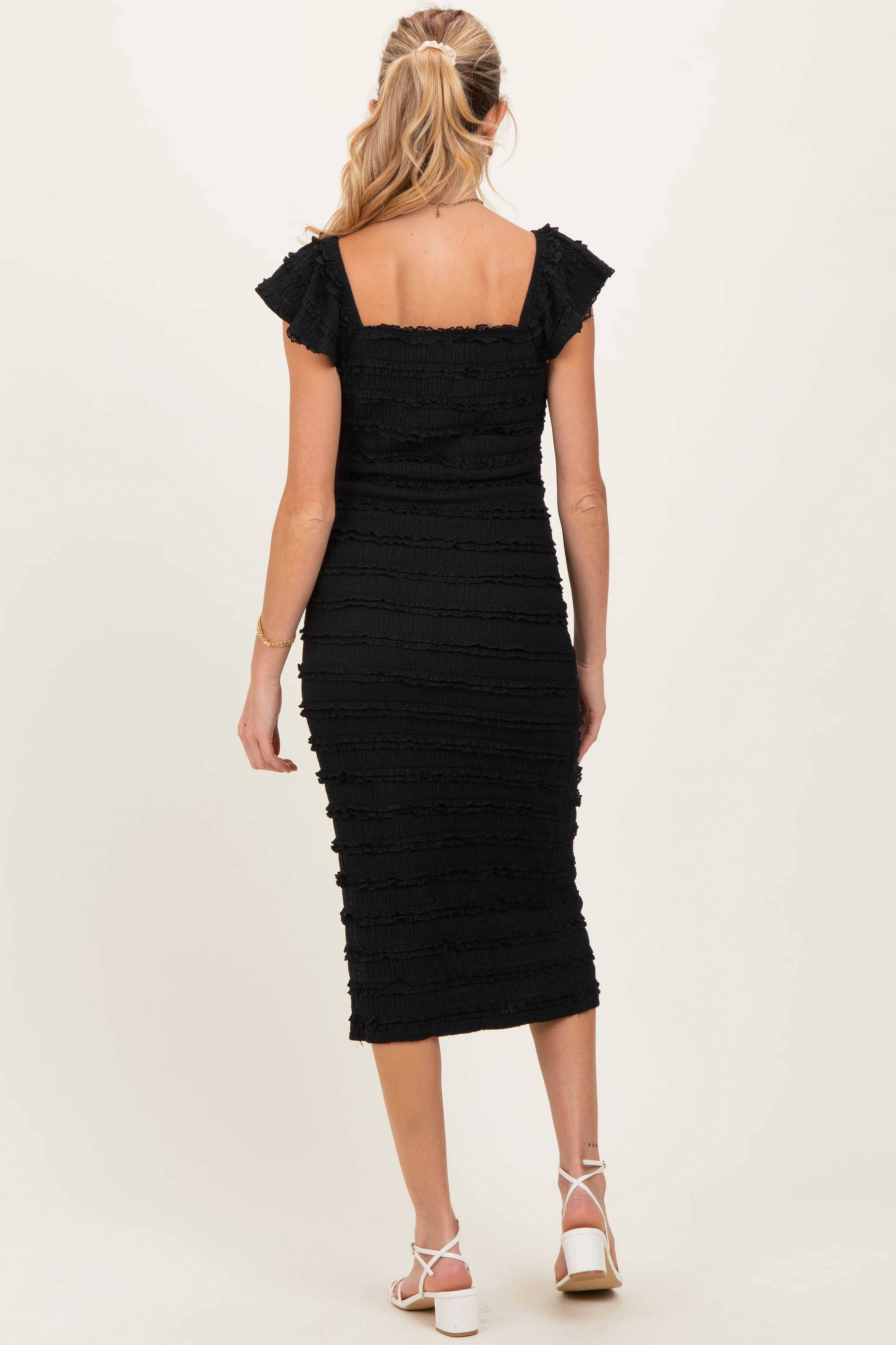 Black Smocked Ruffle Tier Maternity Midi Dress - Image 2
