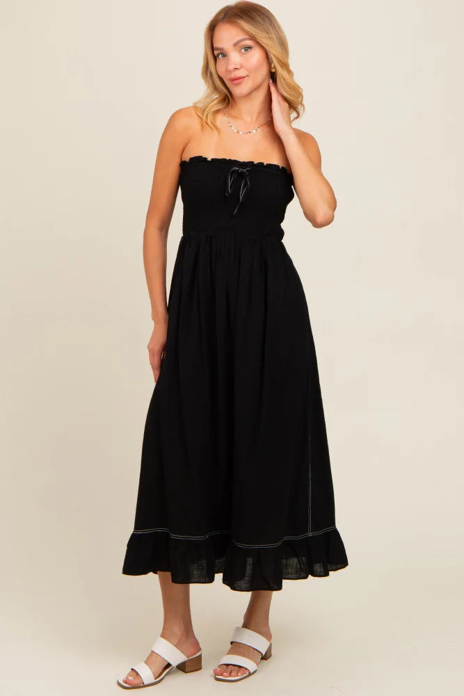 Black Smocked Strapless Midi Dress - Image 2