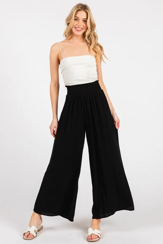 Black Smocked Waist Ankle Wide Leg Maternity Pants - Image 5