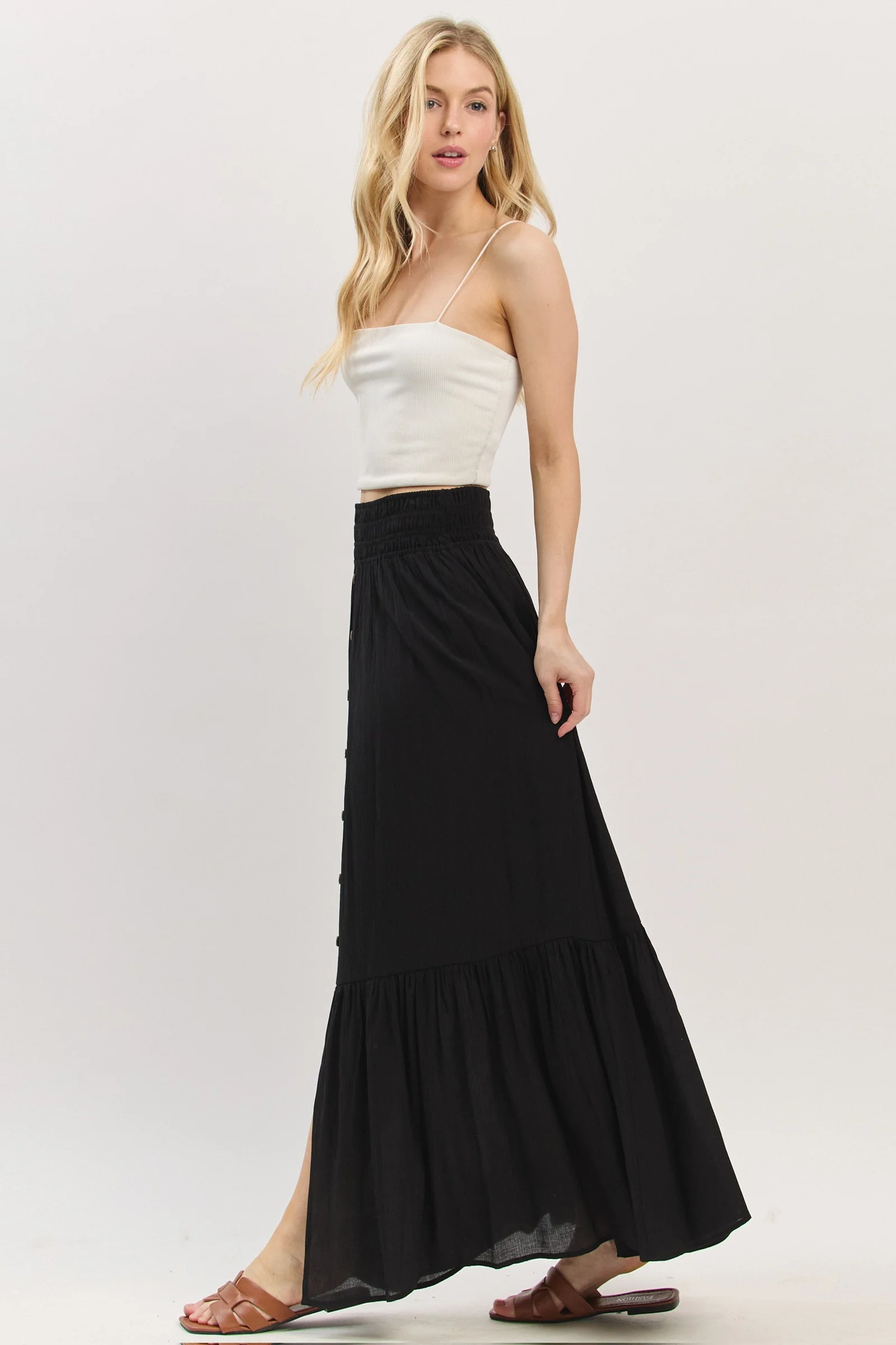 Black Smocked Waist Button Accent Maxi Skirt - Image 3