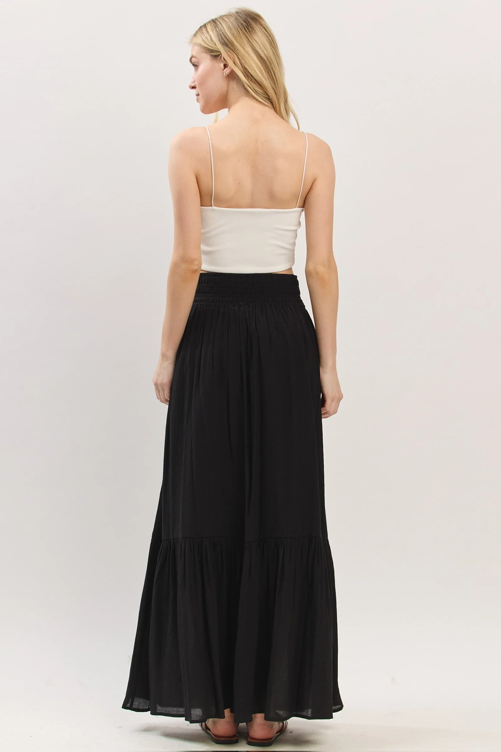 Black Smocked Waist Button Accent Maxi Skirt - Image 4