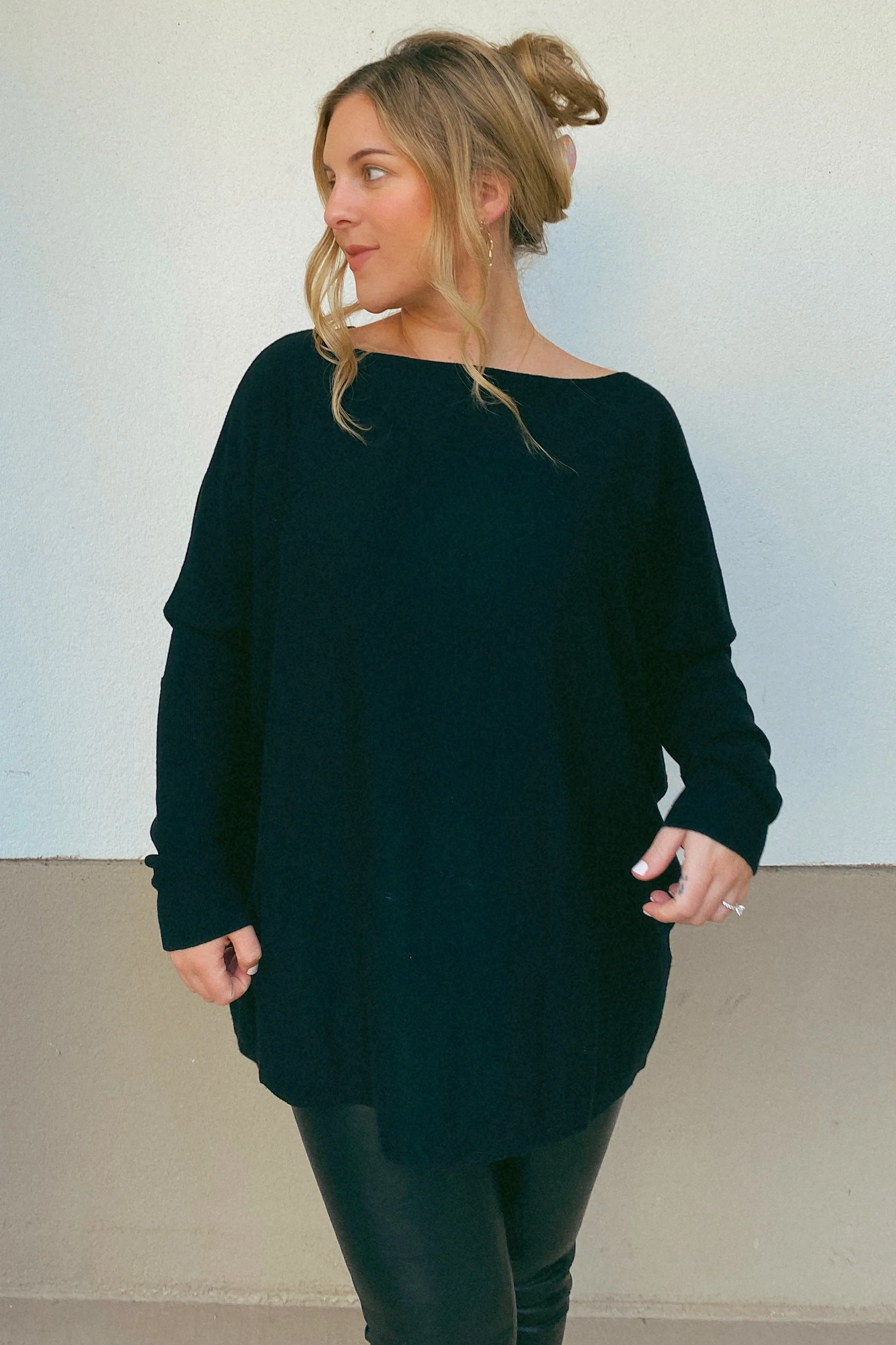Black Soft Knit Boatneck Dolman Sleeve Sweater - Image 4
