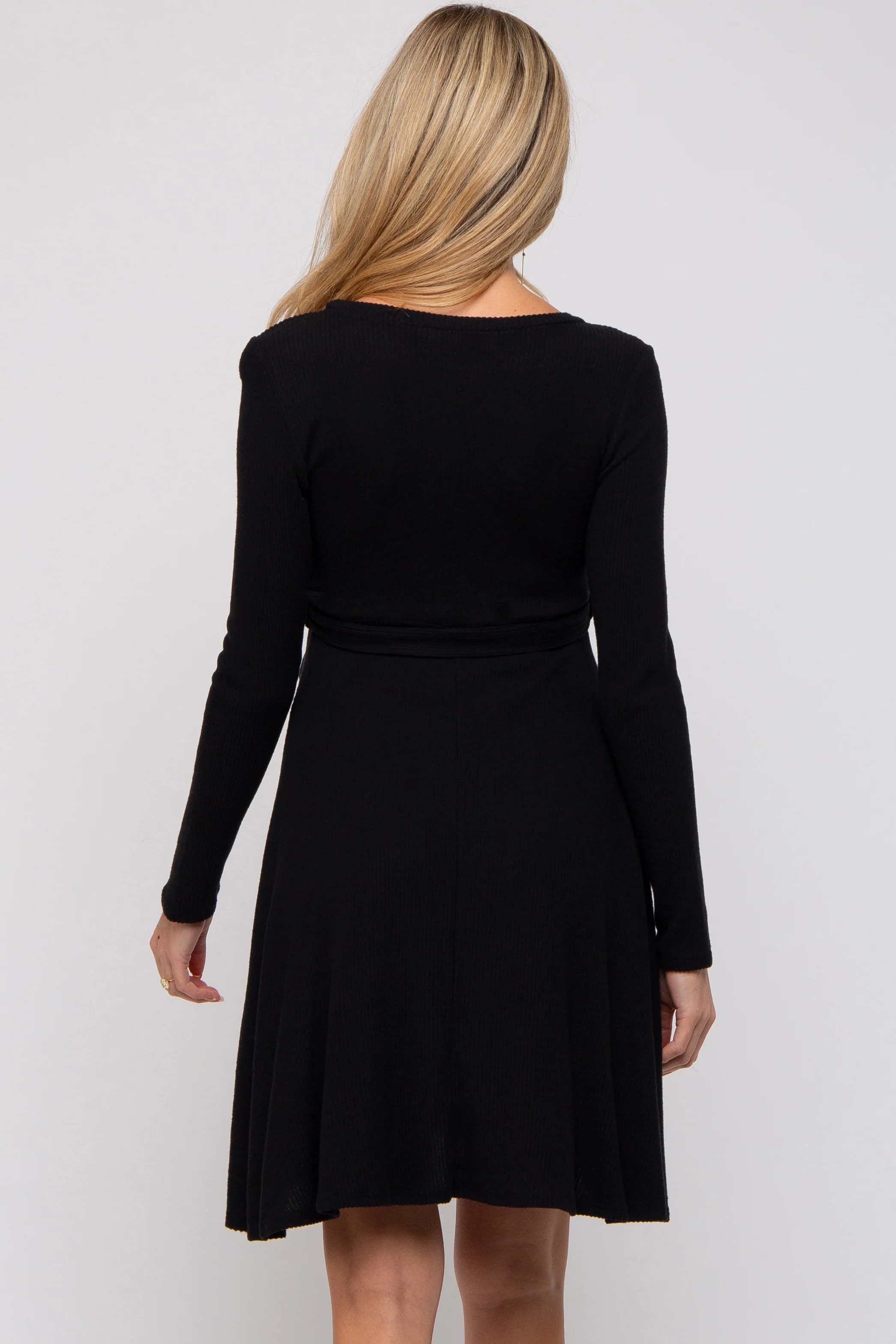 Black Soft Rib Knit Sash Tie Maternity Dress - Image 3