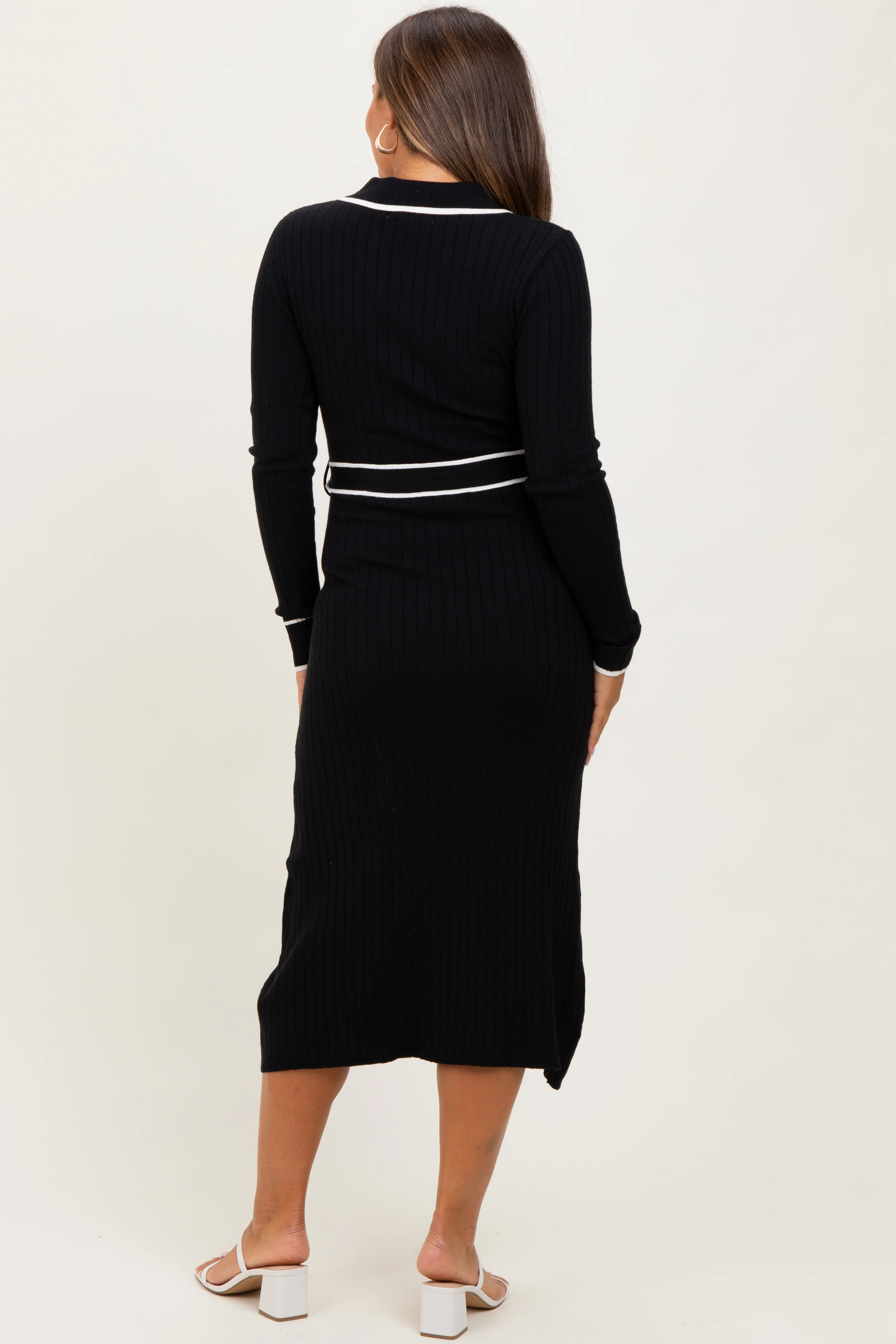 Black Soft Stretchy Rib Fitted Maternity Sweater Midi Dress - Image 4