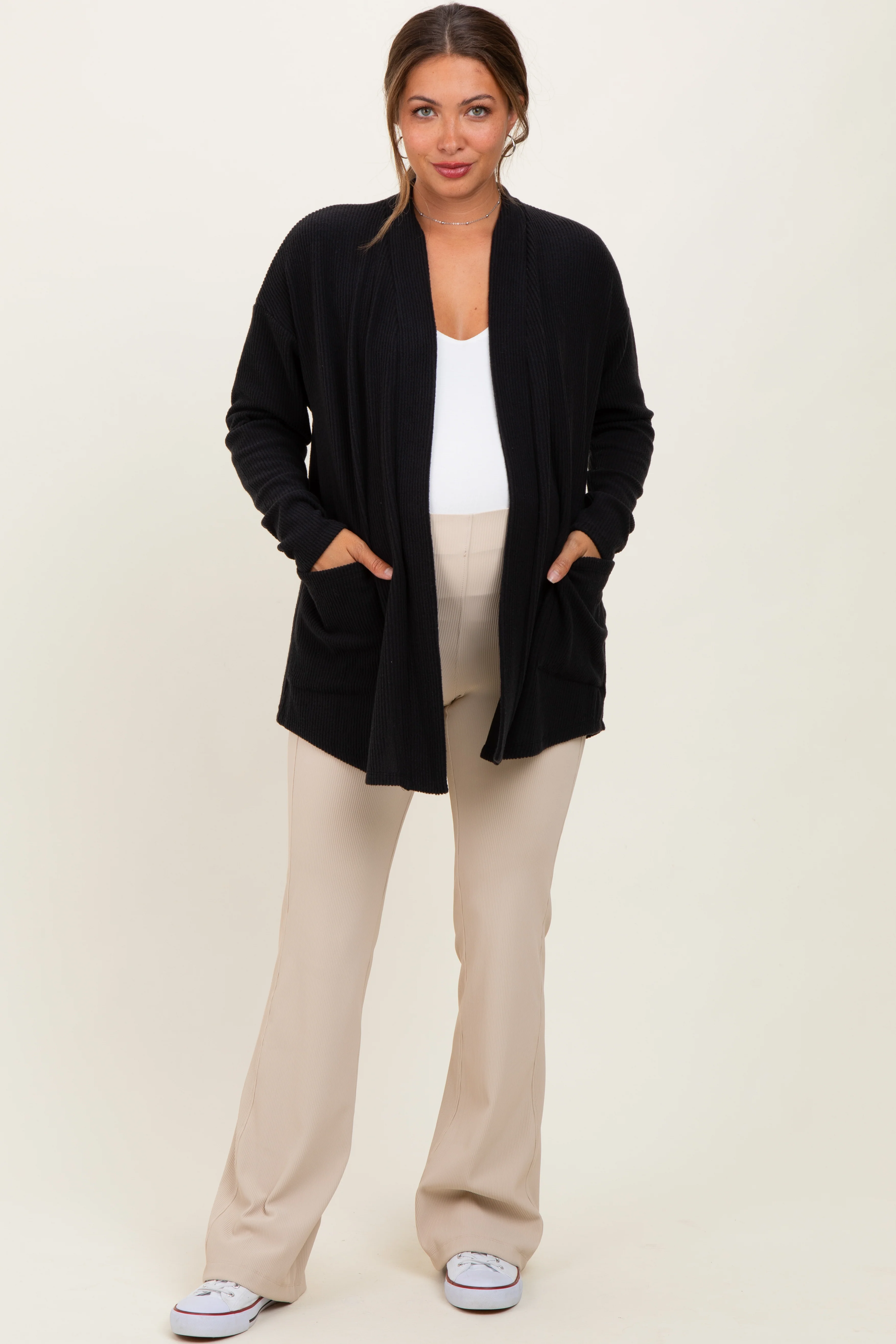 Black Solid Ribbed Long Sleeve Open Front Pocket Maternity Cardigan - Image 3