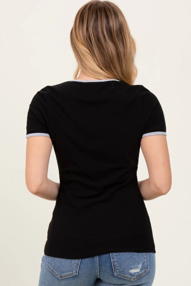 Black Solid Ribbed Short Sleeve Basic Top - Image 4