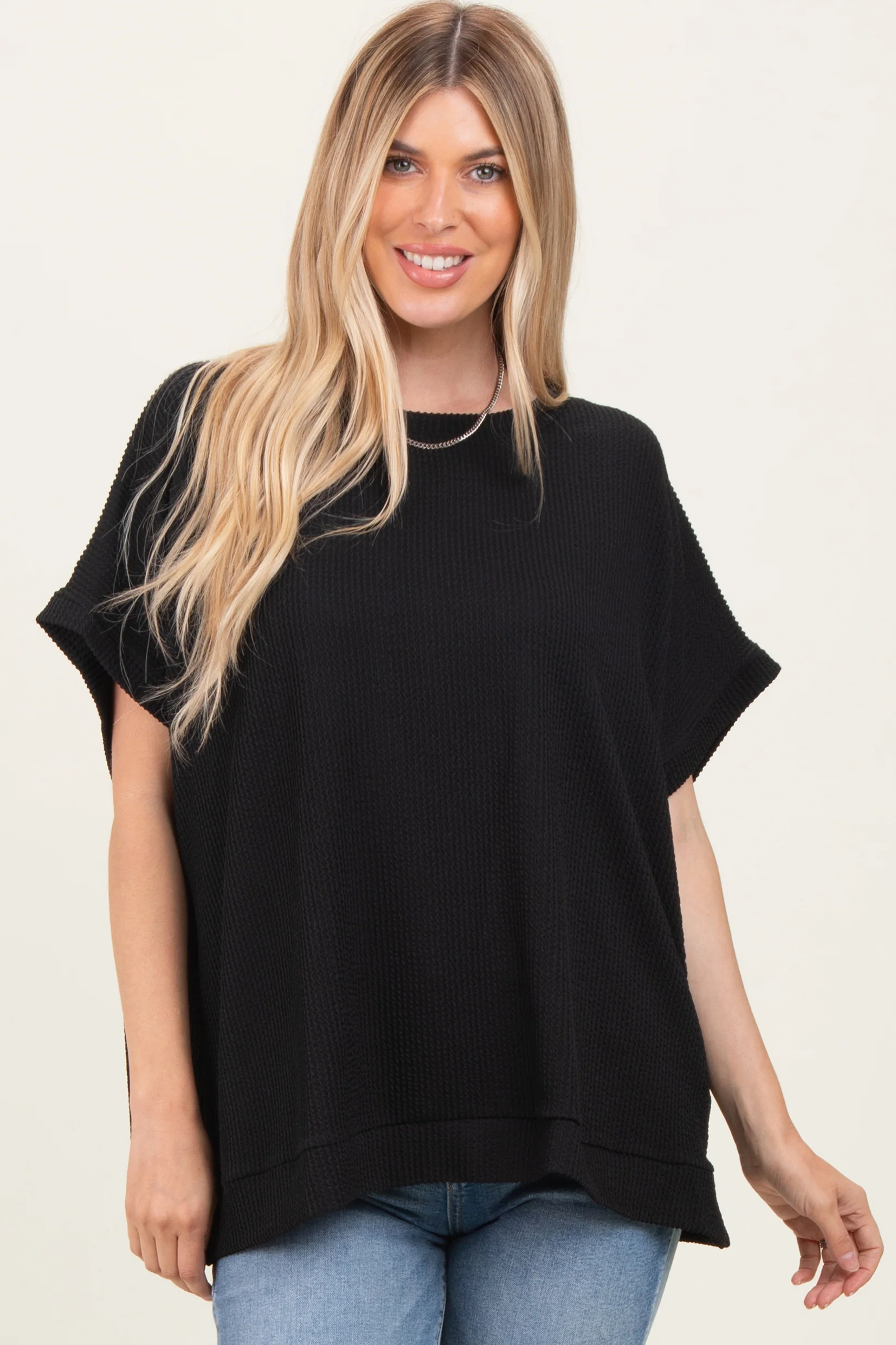 Black Solid Ribbed Short Sleeve Oversized Maternity Tunic Top - Image 4
