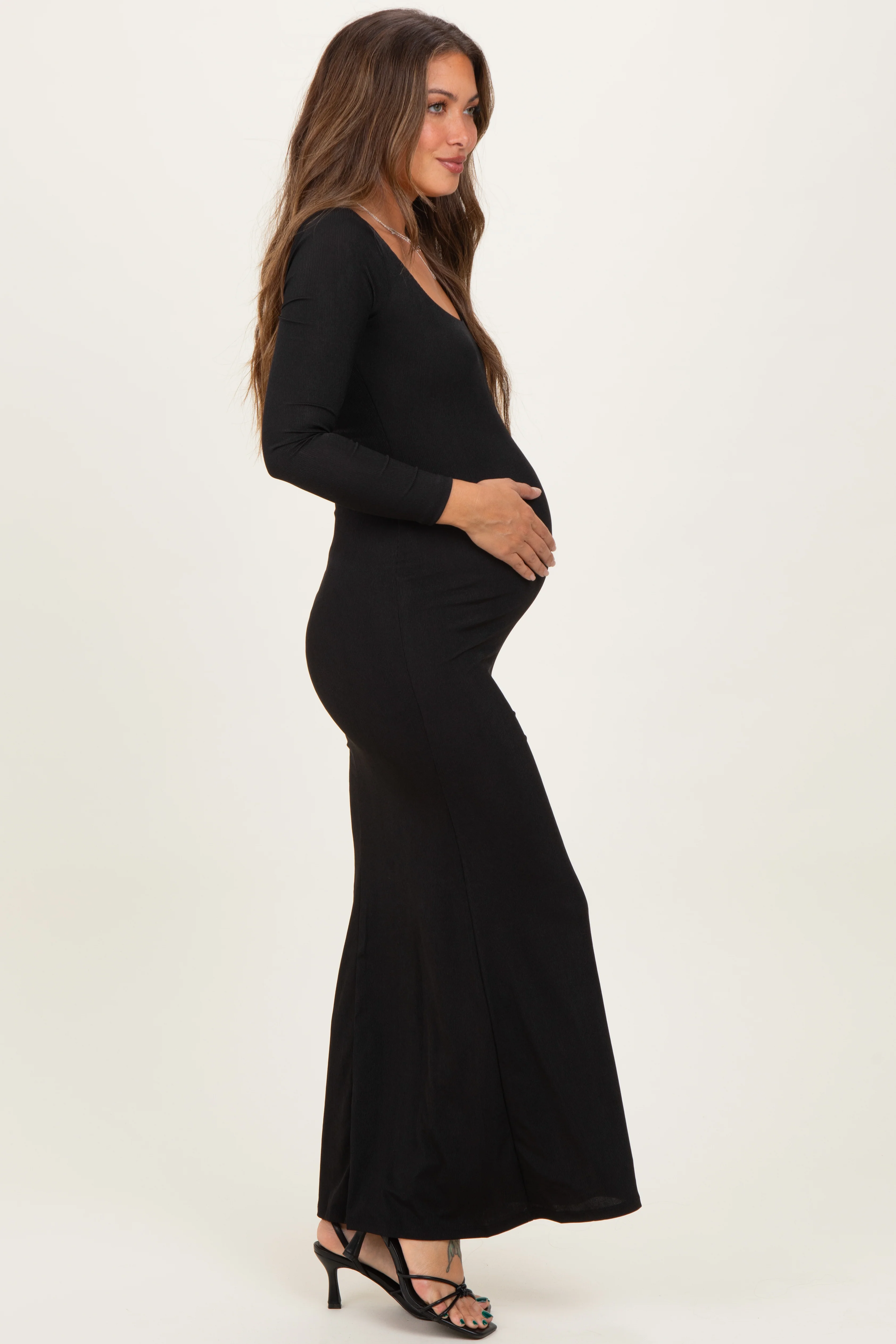 Black Square Neck Long Sleeve Maternity Maxi Dress - Image 2