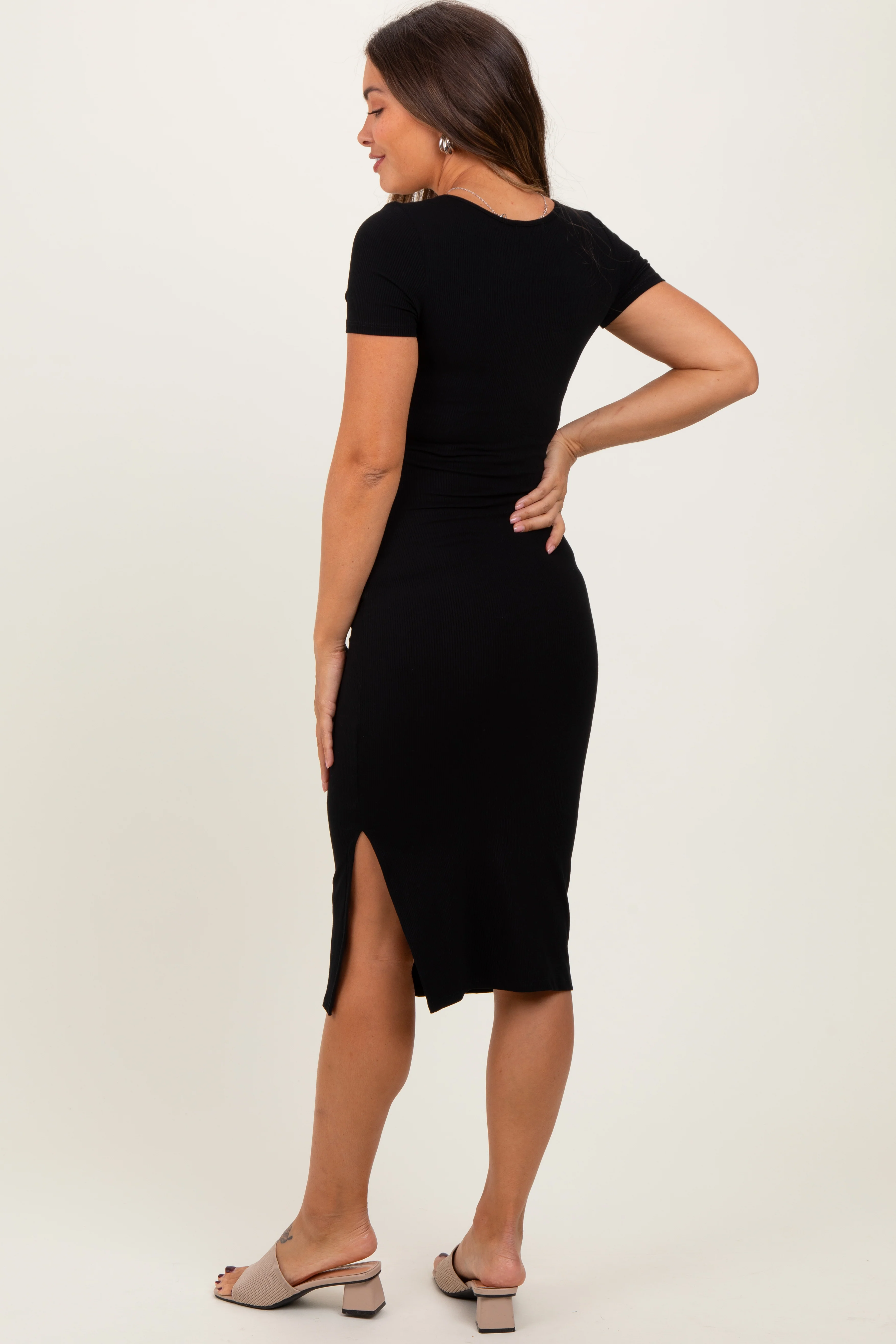 Black Square Neck Side Slit Maternity Midi Dress - Image 4