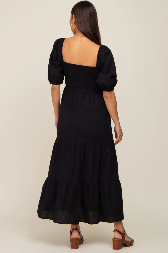 Black Square Neck Smocked Tiered Maternity Maxi Dress - Image 3
