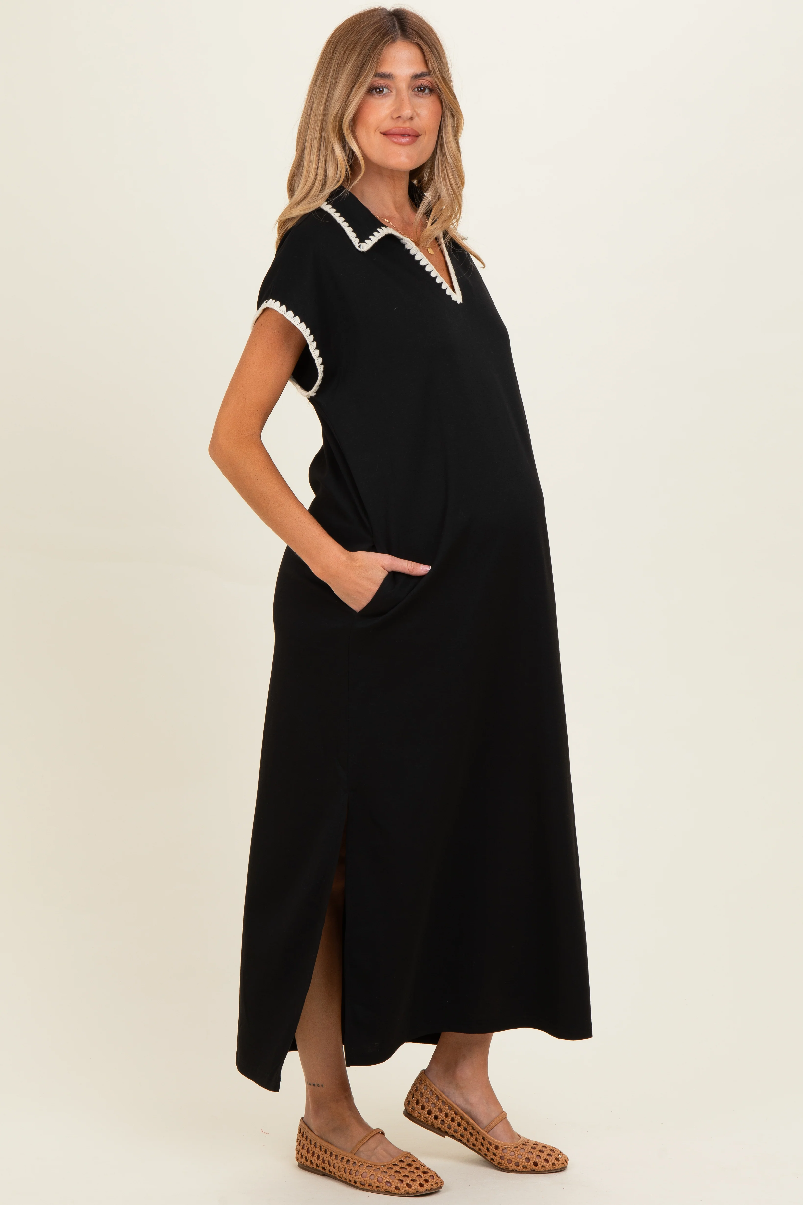 Black Stitch Detail Collared Maternity Midi Dress - Image 2