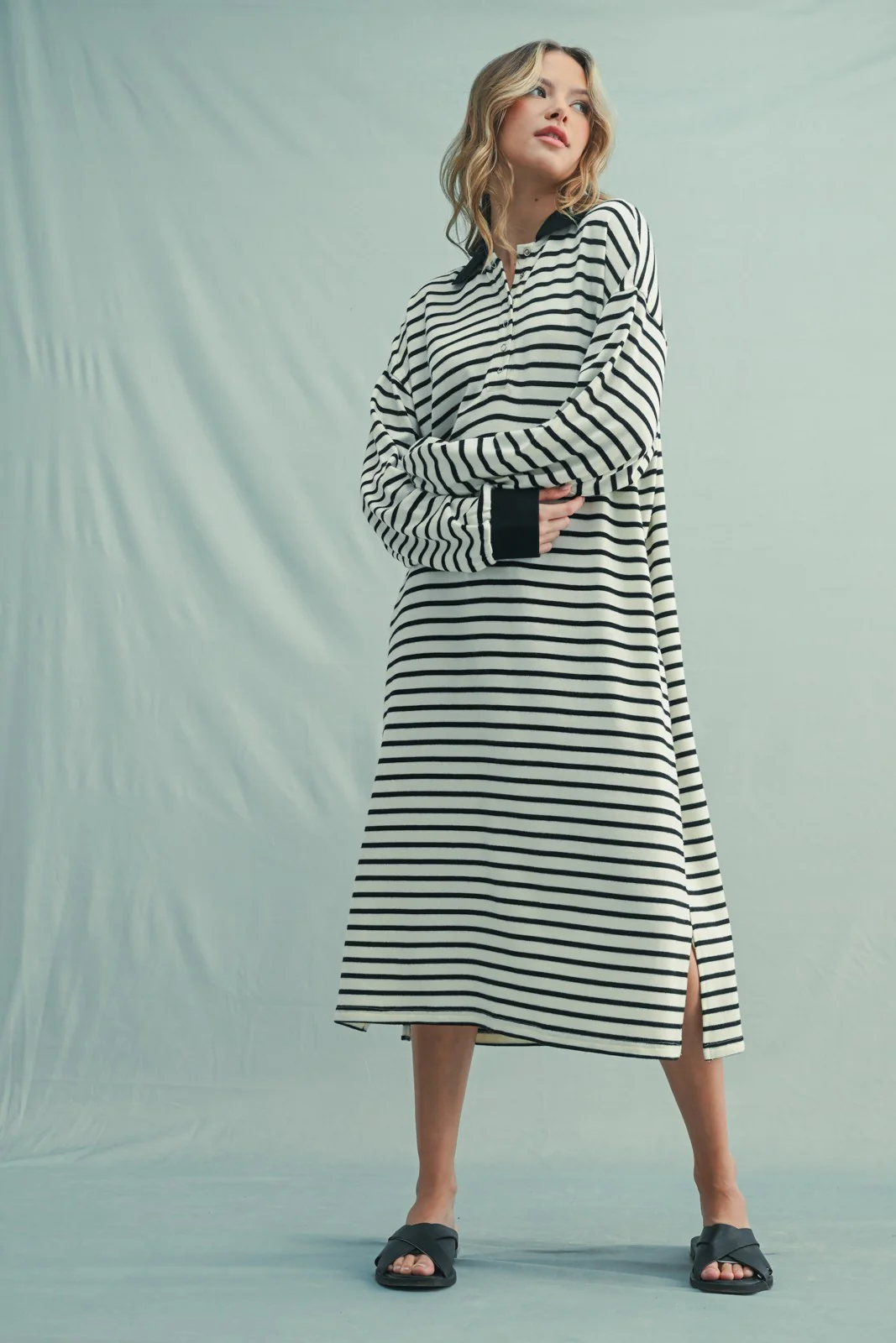 Black Stripe Snap Button Long Sleeve Maternity Midi Dress - Image 5