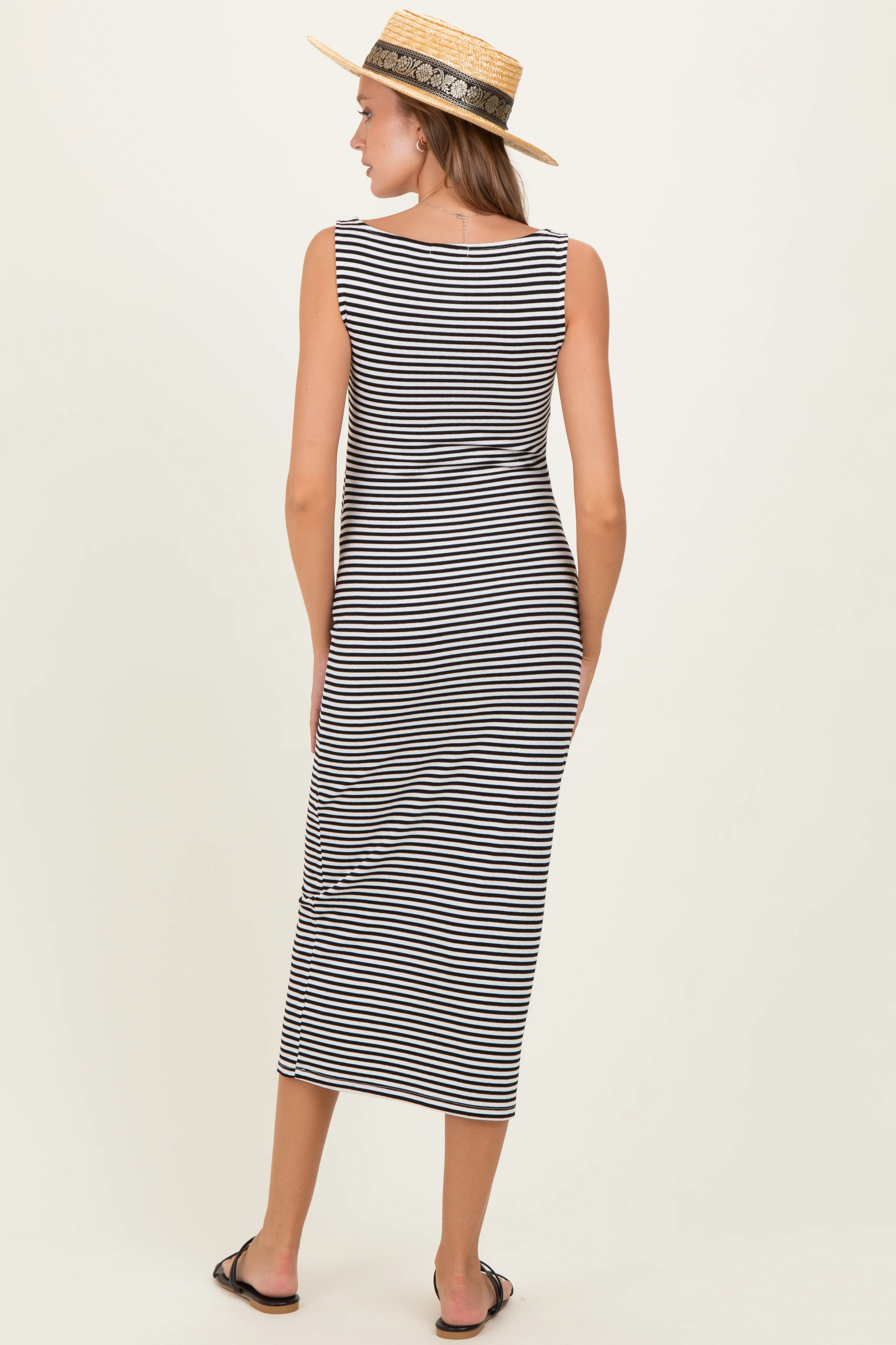 Black Striped Boat Neck Sleeveless Maternity Midi Dress - Image 3