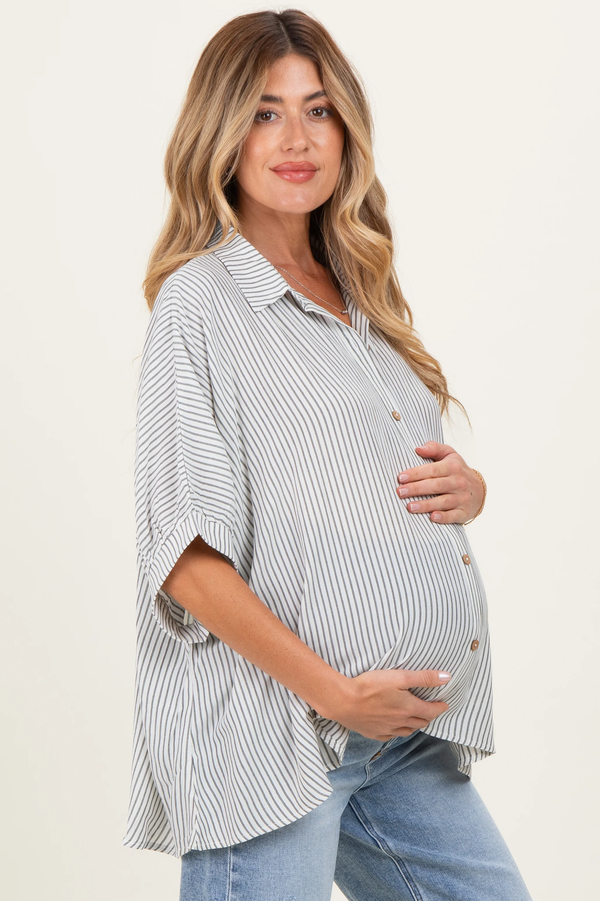 Black Striped Boxy Button Down Maternity Top - Image 3