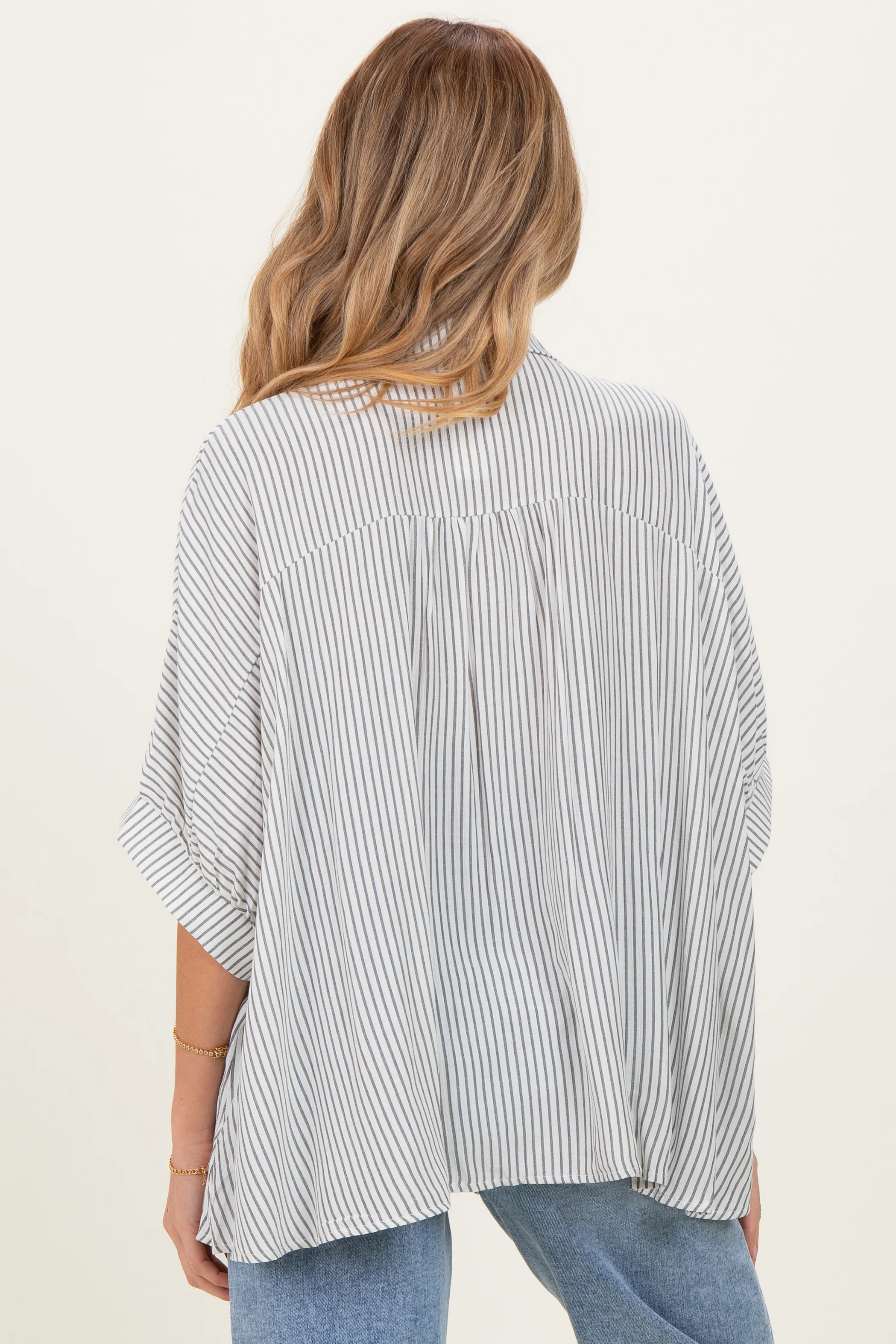 Black Striped Boxy Button Down Maternity Top - Image 4