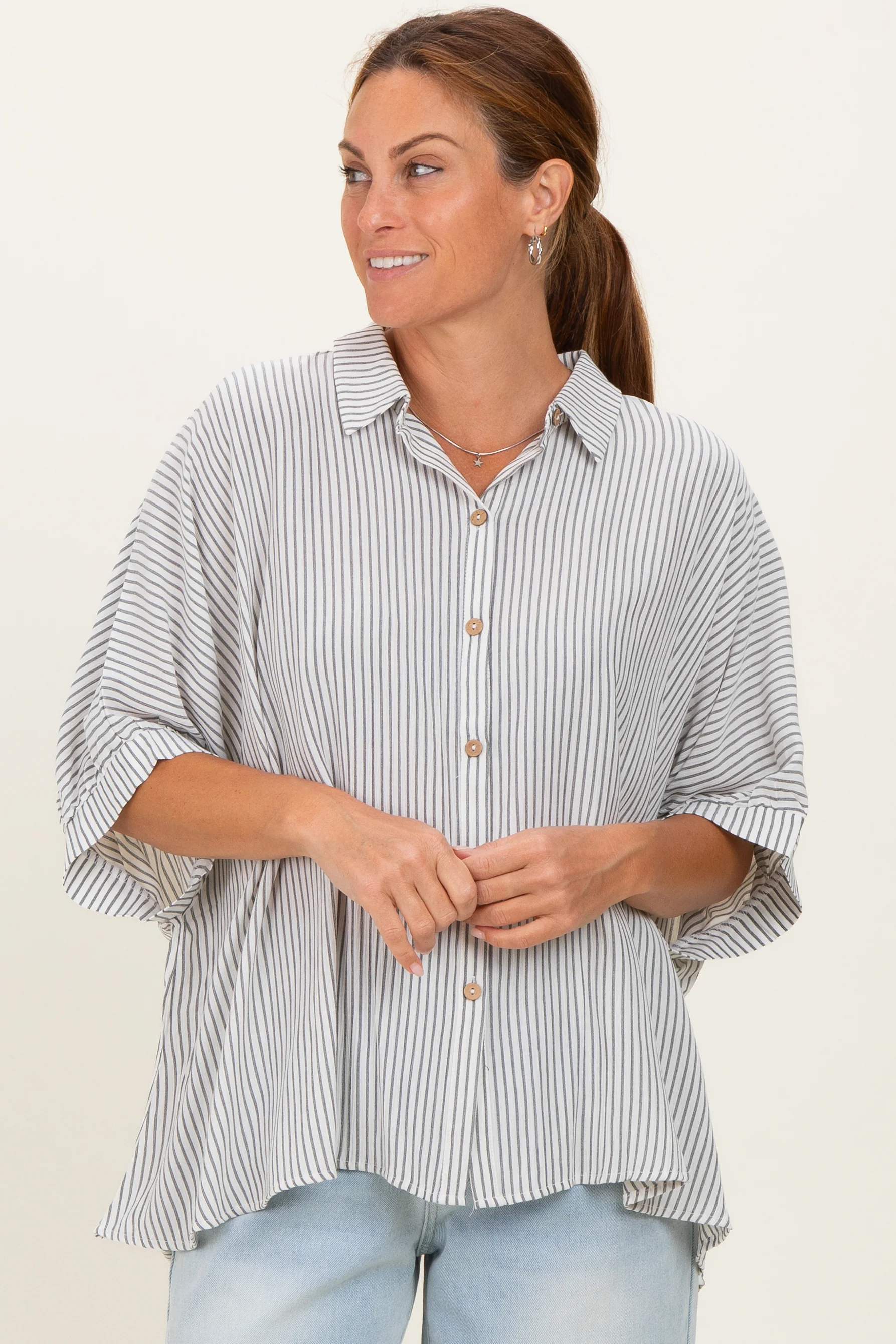 Black Striped Boxy Button Down Maternity Top - Image 5