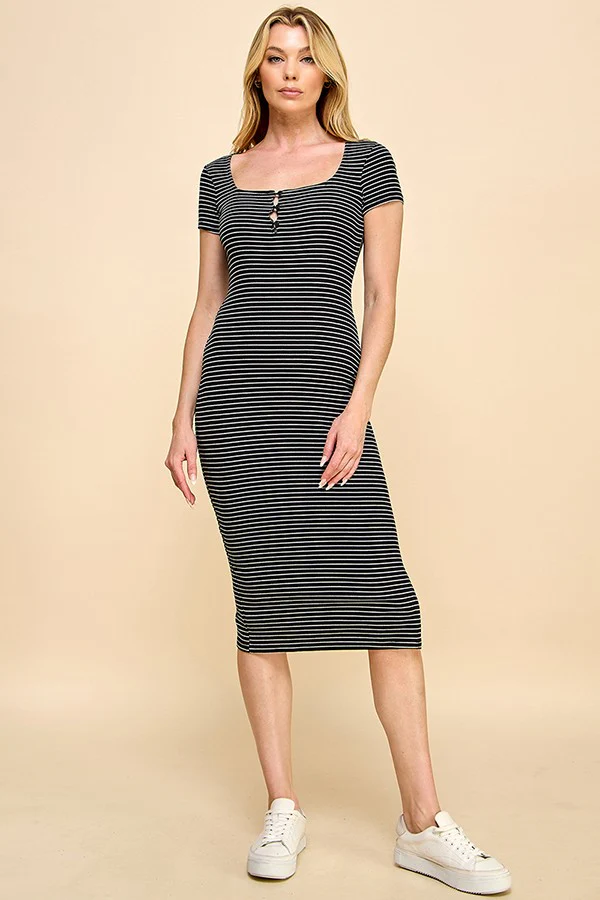 Black Striped Button Square Neck Maternity Dress - Image 5