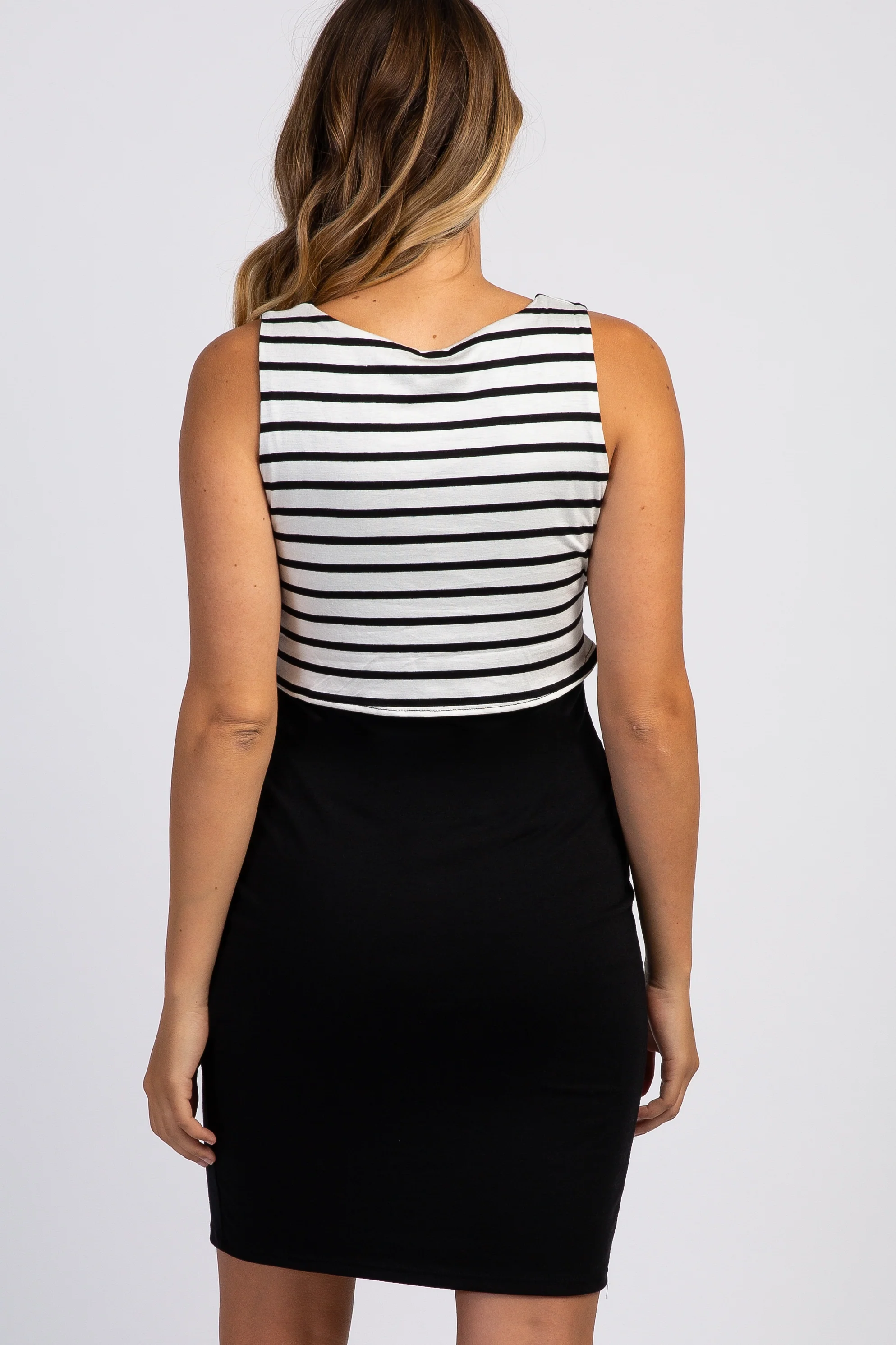 Black Striped Layered Tie Front Maternity Dress - Image 4