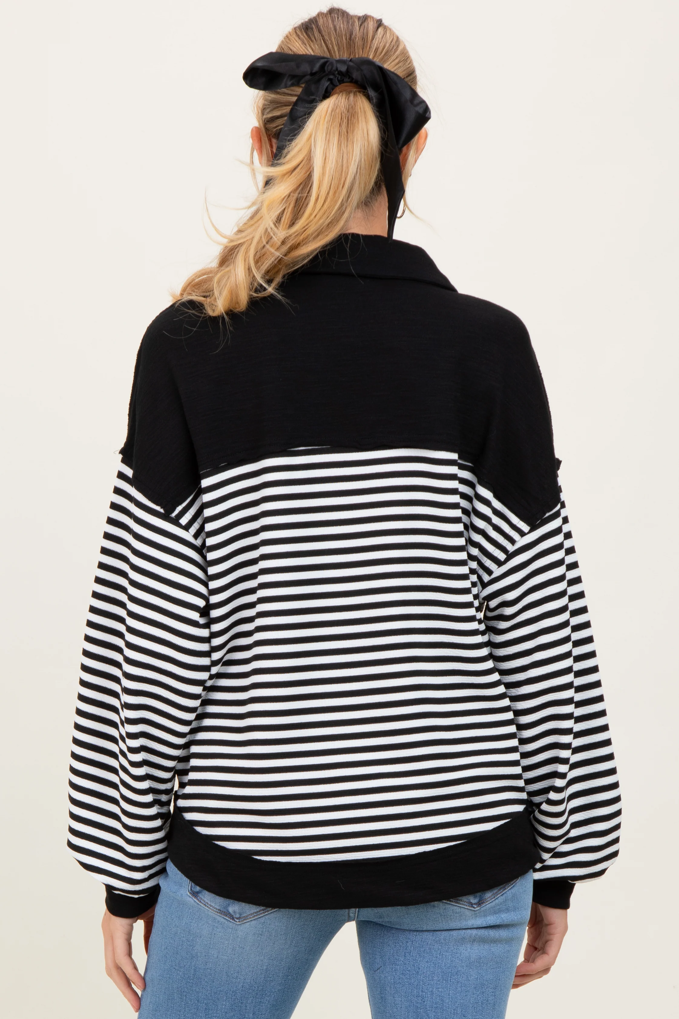 Black Striped Oversized Collared Pullover Maternity Top - Image 3