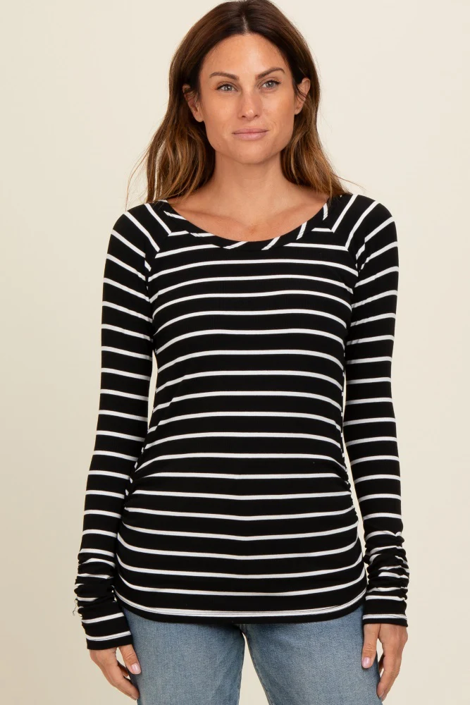 Black Striped Ruched Side Long Sleeve Top - Image 2