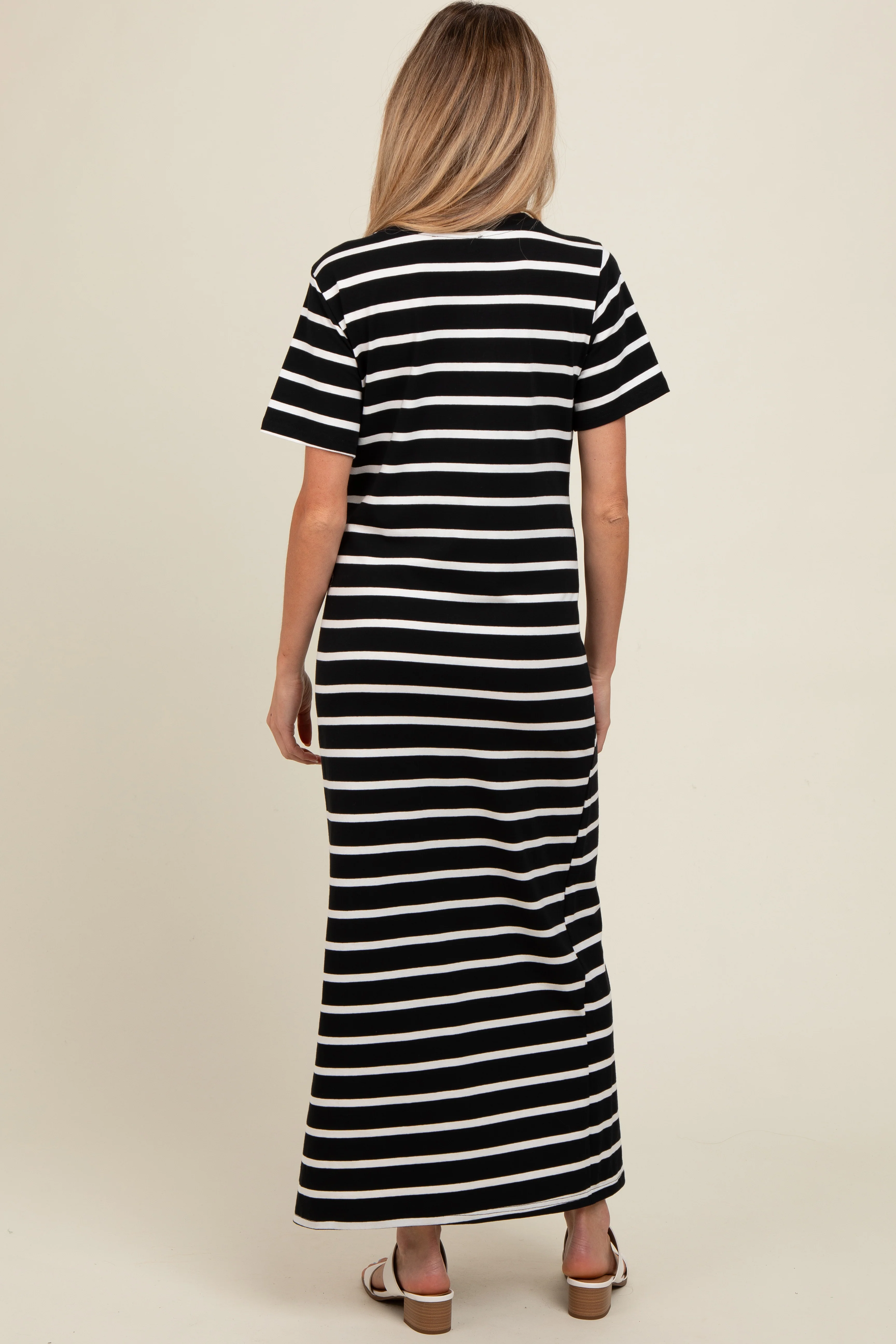 Black Striped Side Slit Maternity Maxi Dress - Image 3