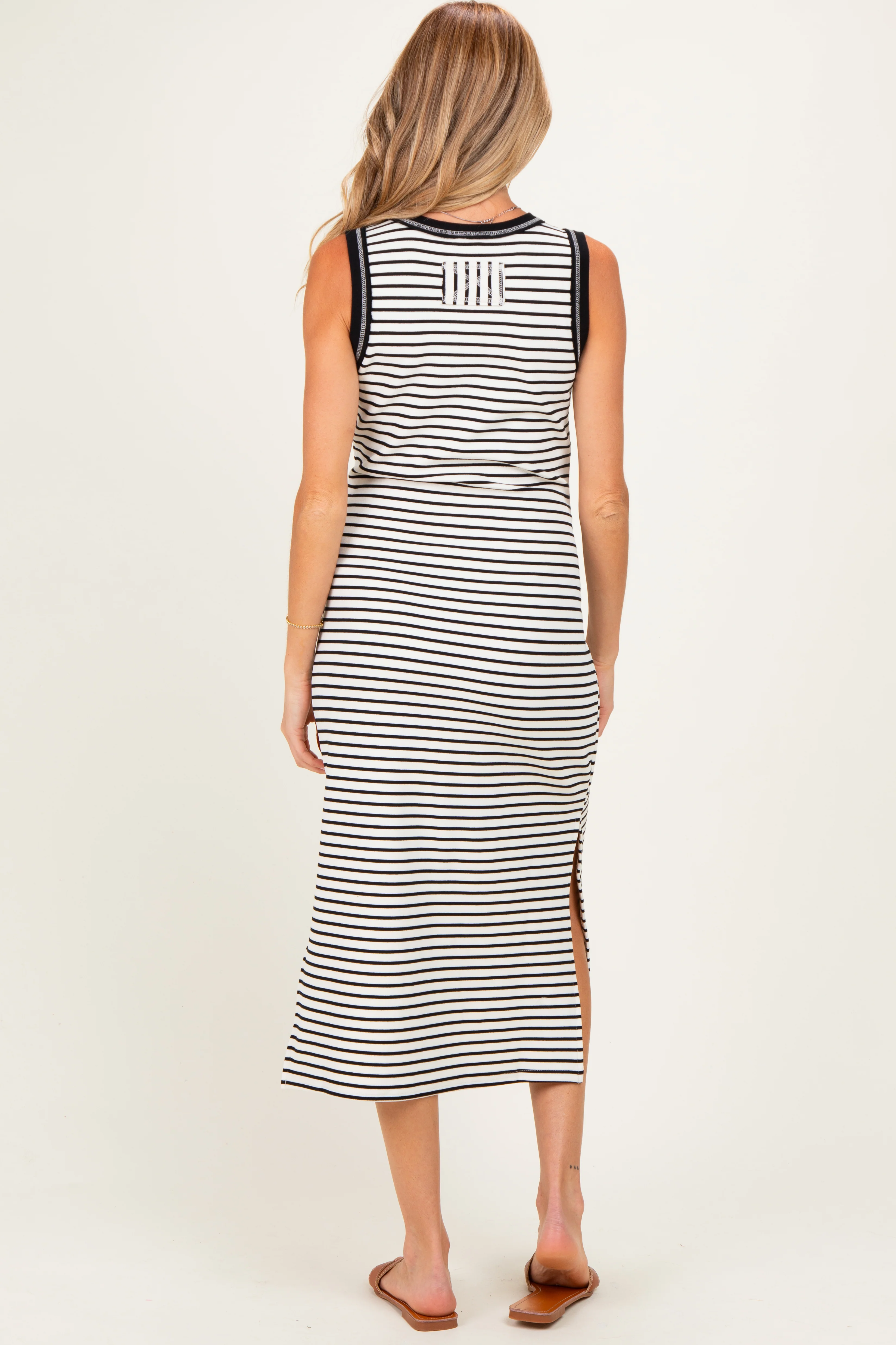 Black Striped Solid Trim Sleeveless Maternity Midi Dress - Image 6