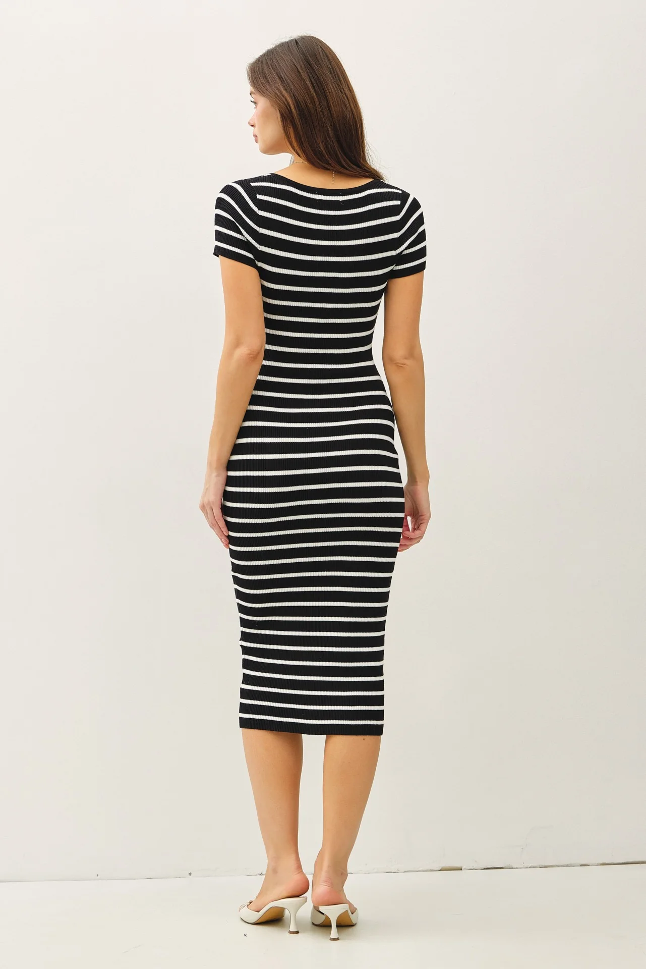Black Striped Square Neck Short Sleeve Midi Dress - Image 3