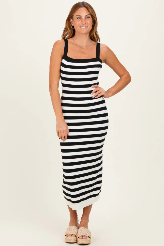 Black Striped Square Neck Sleeveless Knit Midi Dress - Image 6
