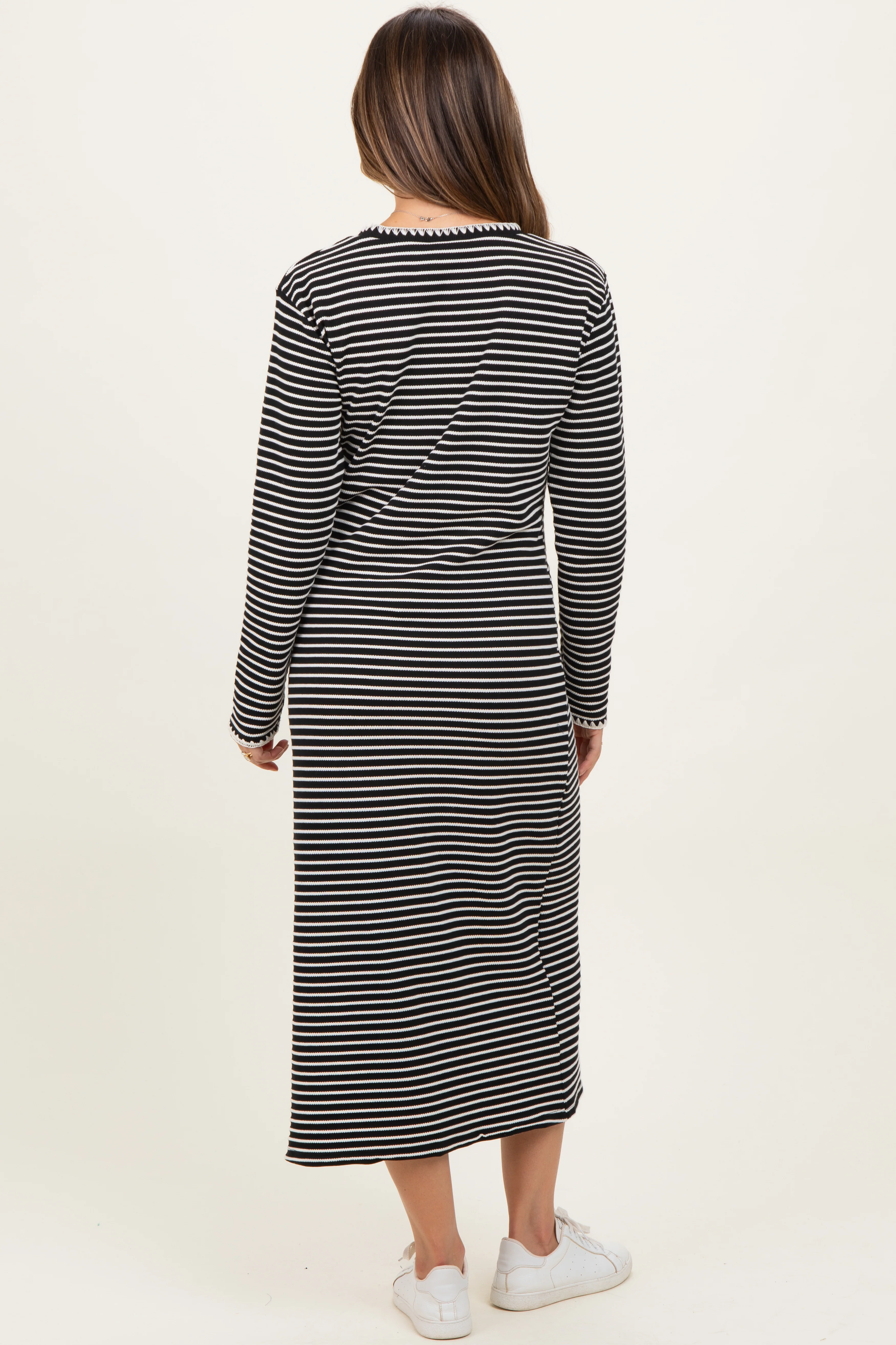 Black Striped Stitch Detail Long Sleeve Maternity Midi Dress - Image 4