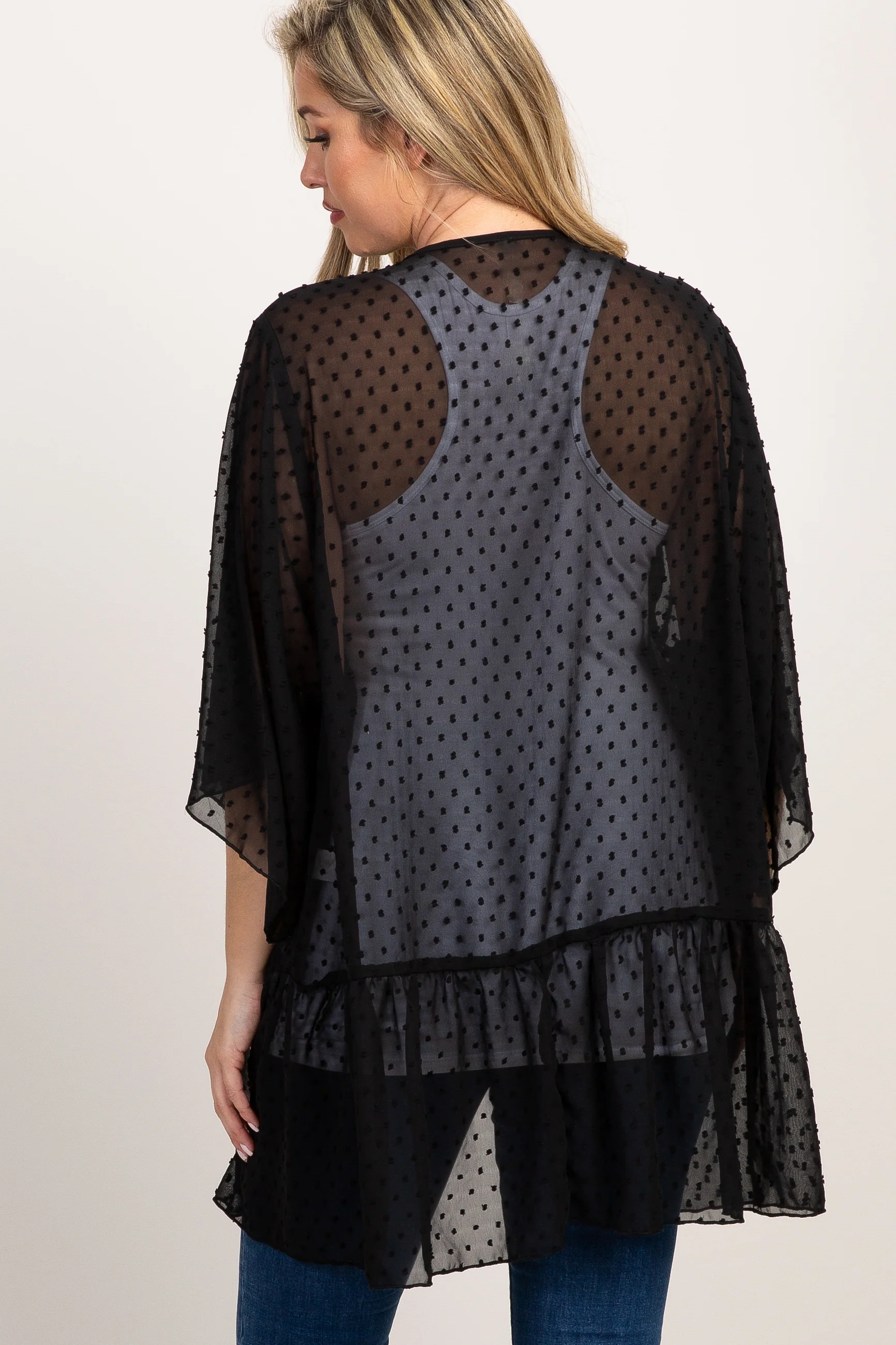 Black Swiss Dot 3/4 Sleeve Chiffon Maternity Cover Up - Image 3