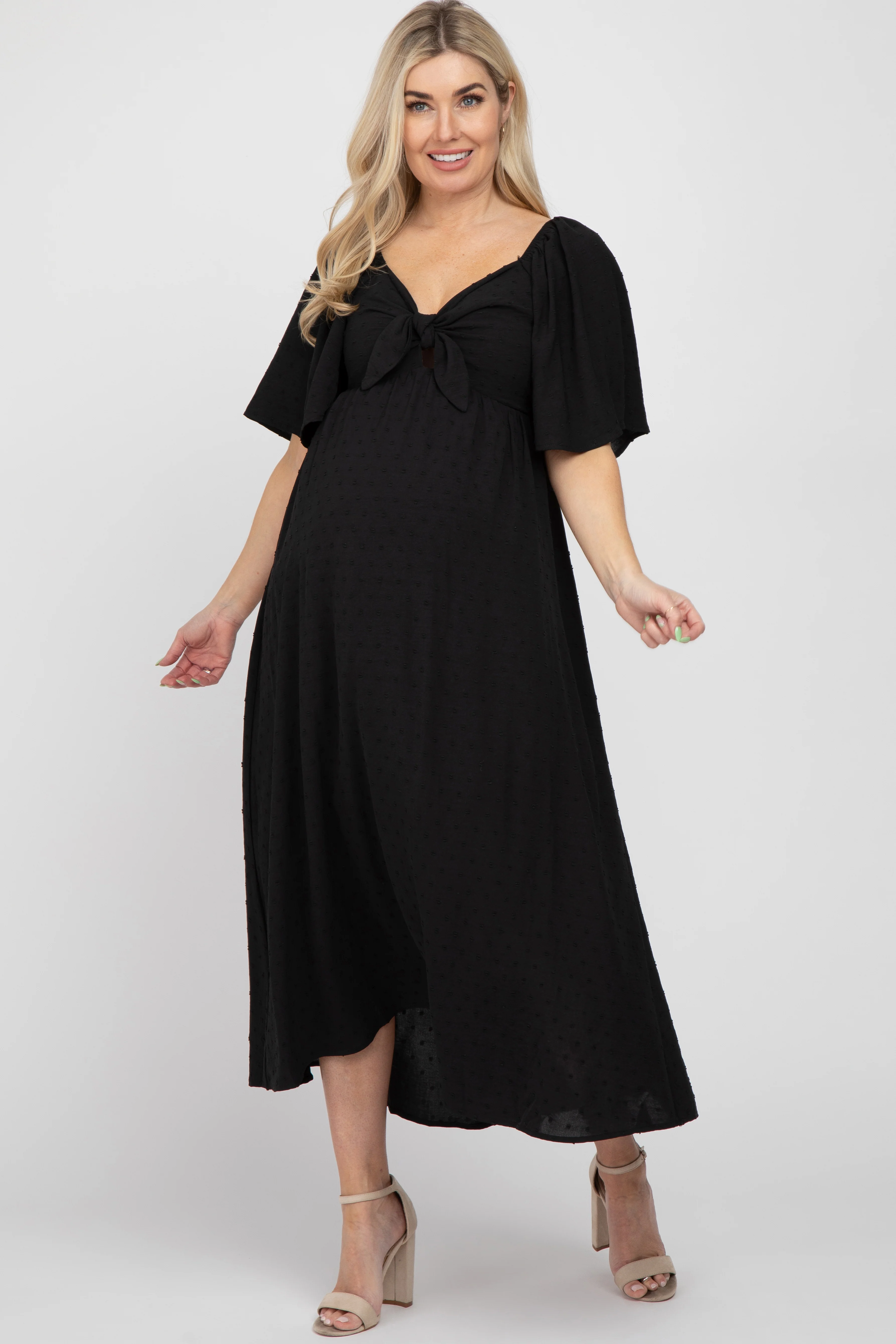 Black Textured Dot Front Tie Ruffle Sleeve Maternity Midi Dress - Image 4