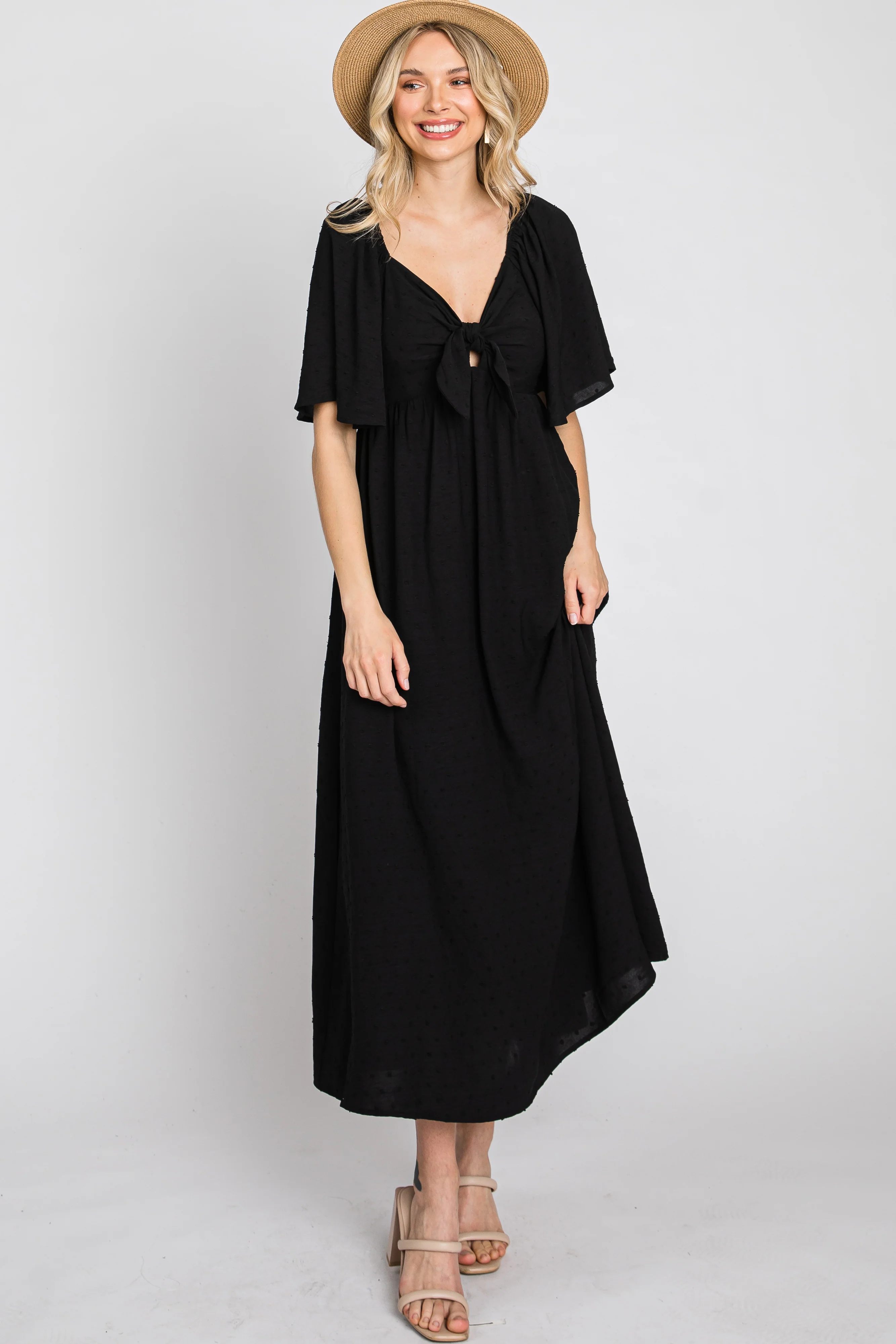 Black Textured Dot Front Tie Ruffle Sleeve Midi Dress - Image 10