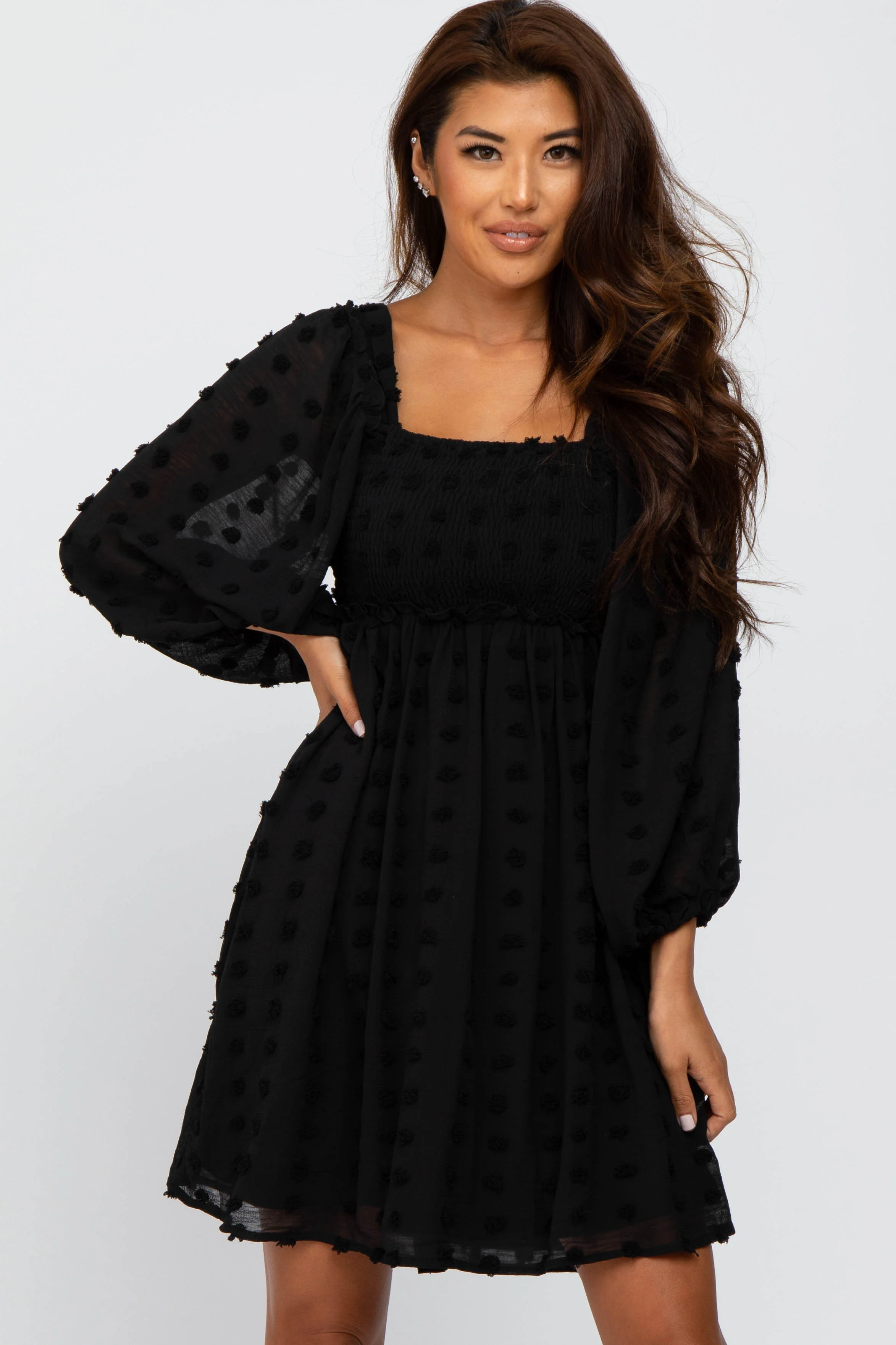 Black Textured Dot Smocked Square Neck Chiffon Maternity Dress - Image 5