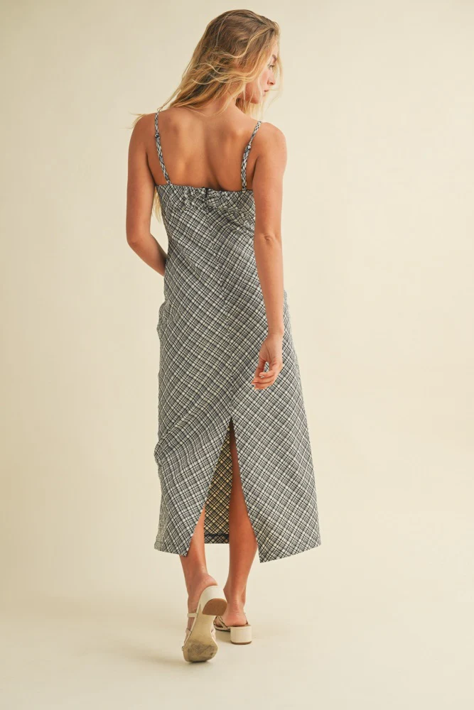 Black Textured Plaid Drawstring Neck Midi Dress - Image 4
