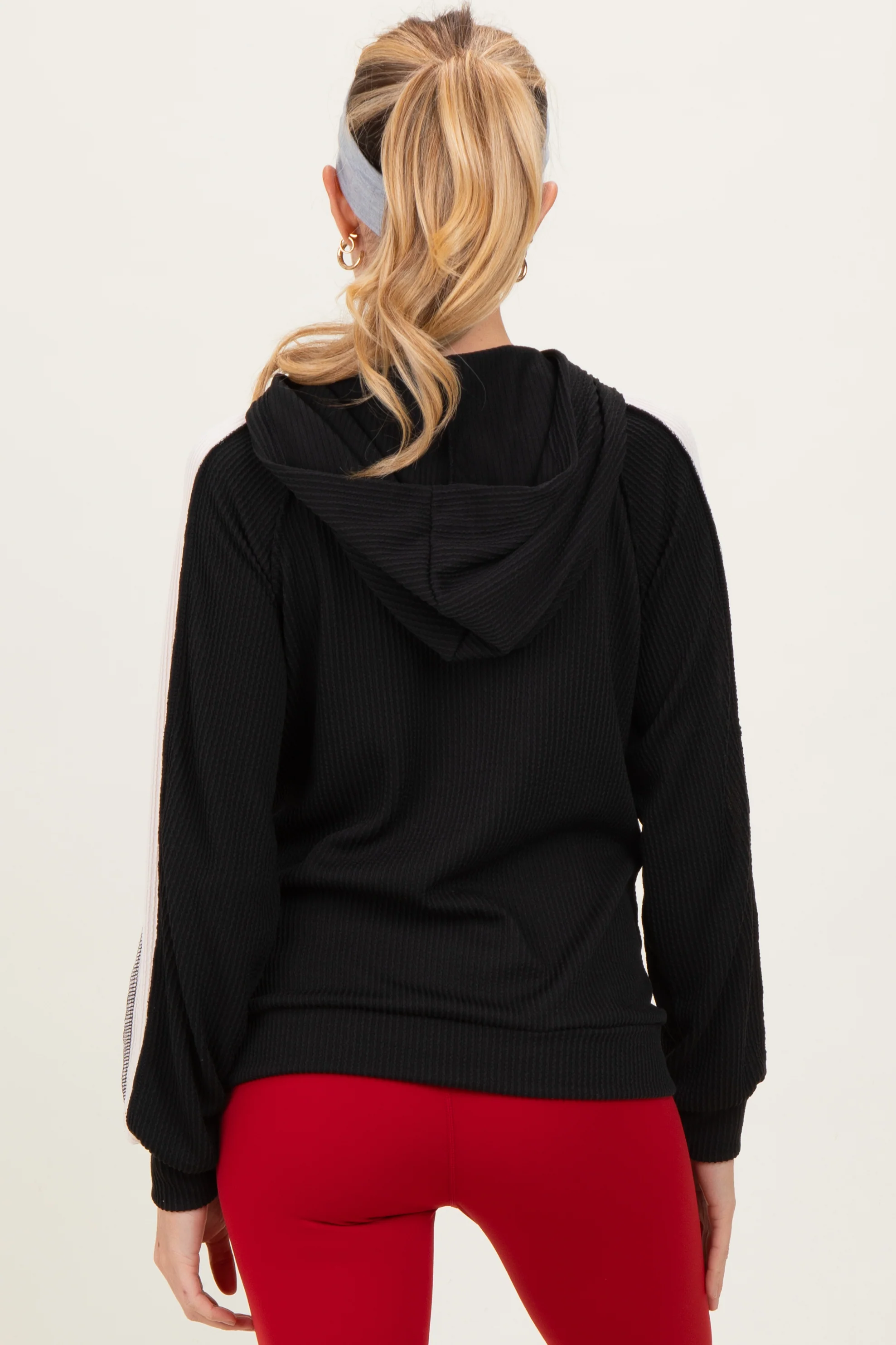 Black Textured Rib Colorblock Maternity Hoodie - Image 3