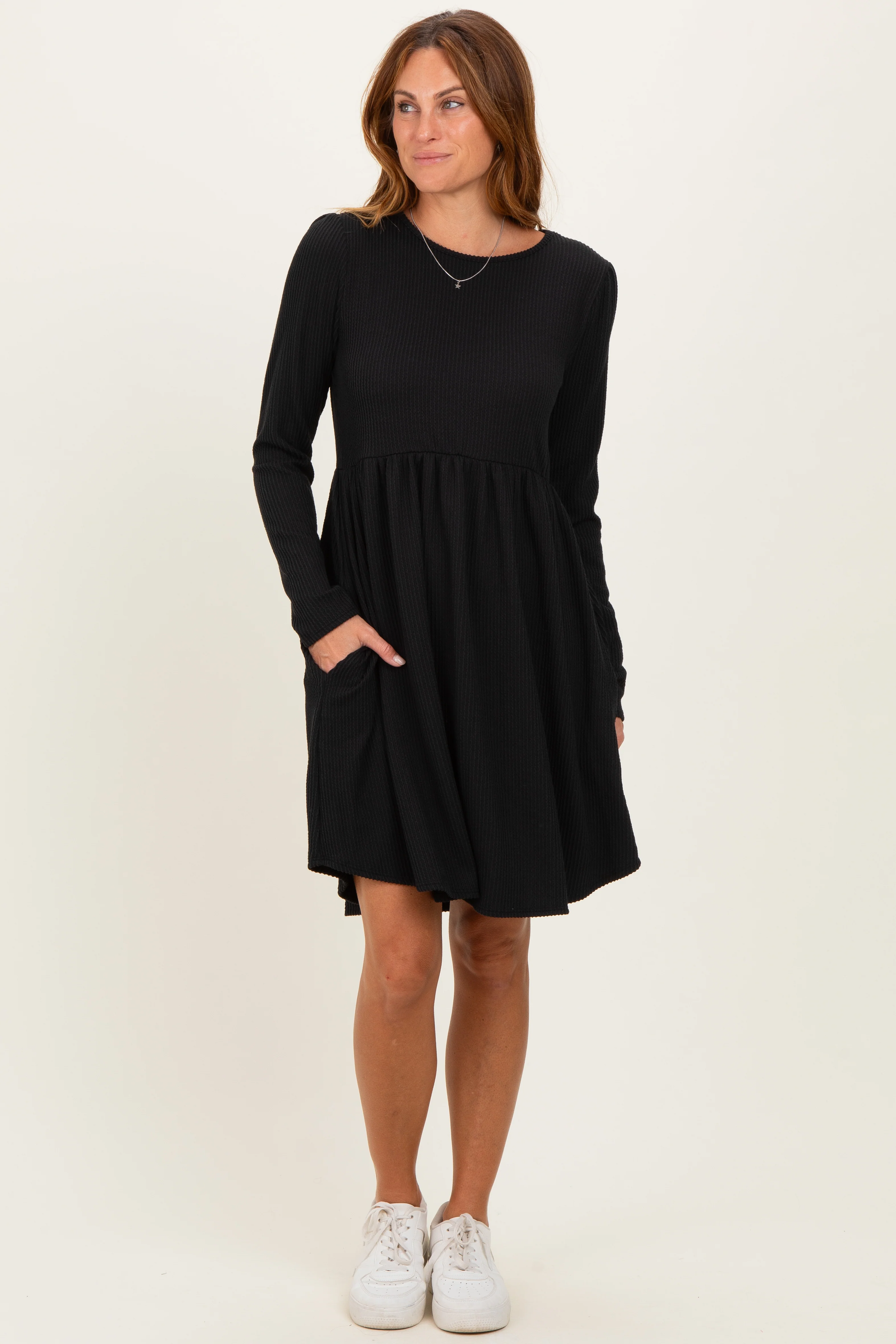 Black Textured Rib Long Sleeve Maternity Dress - Image 5