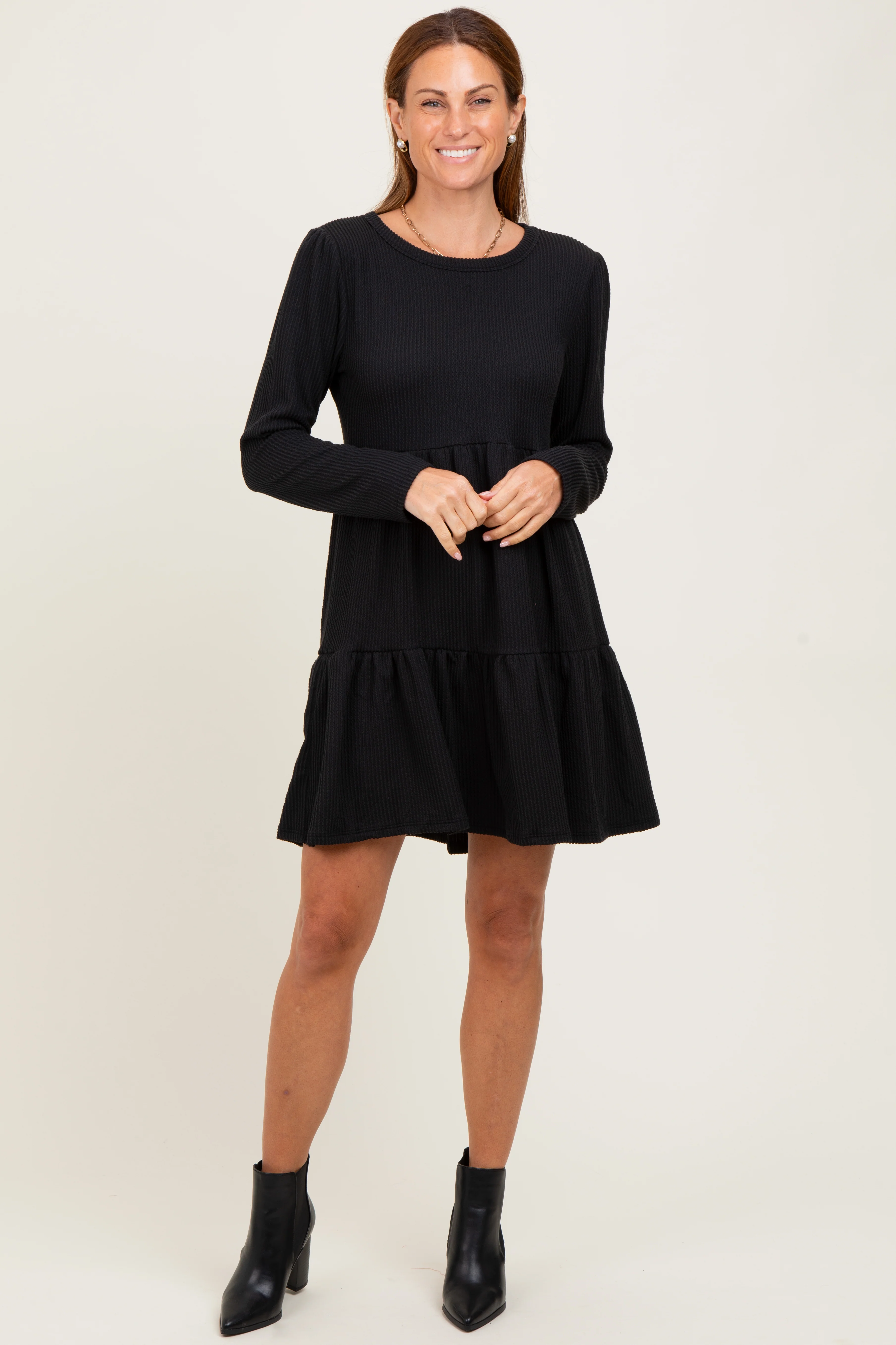 Black Textured Rib Tiered Long Sleeve Dress - Image 2