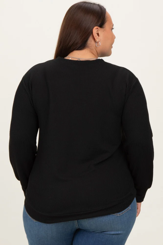 Black Textured Ribbed Long Sleeve Plus Top - Image 4