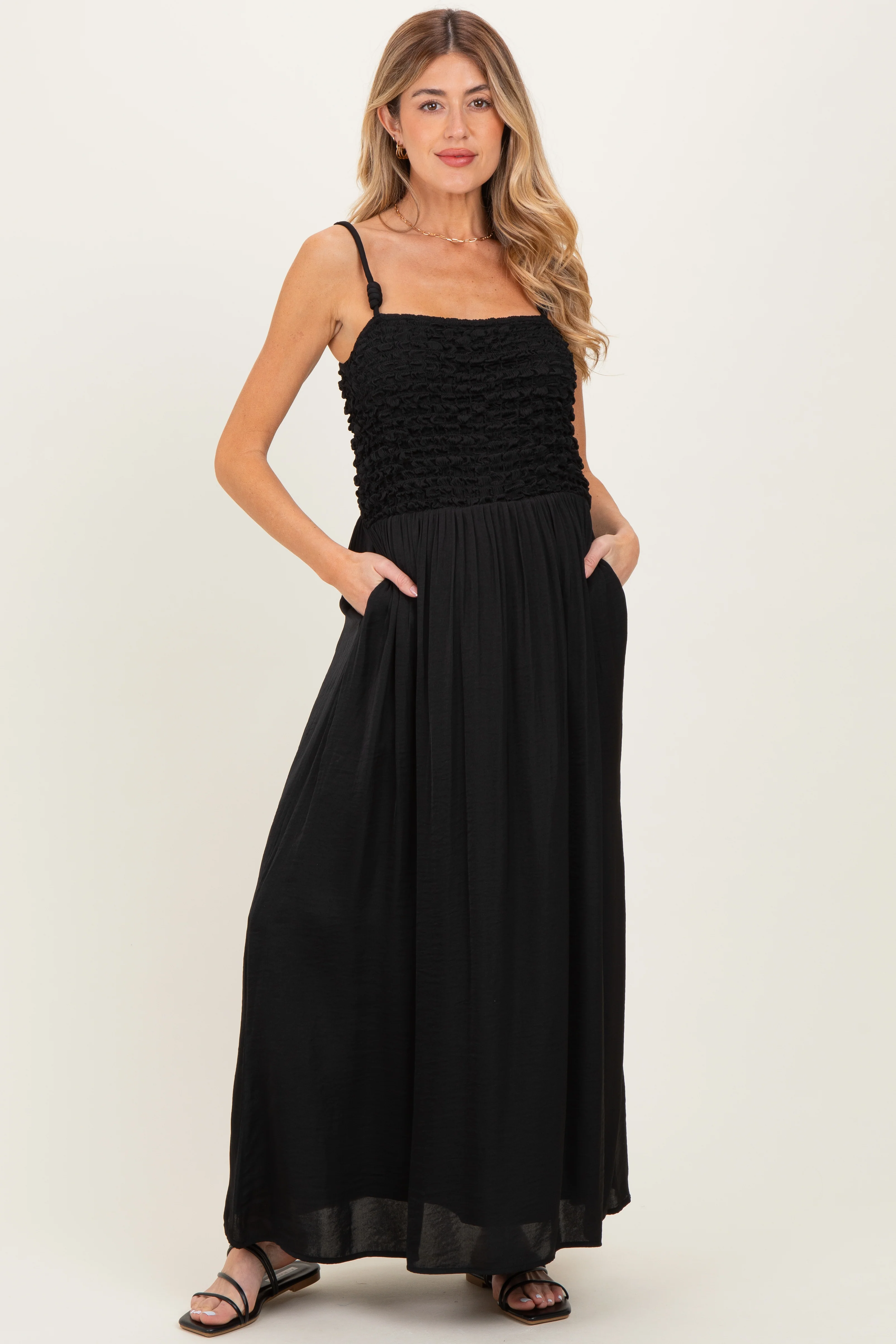 Black Textured Smocked Maternity Maxi Dress