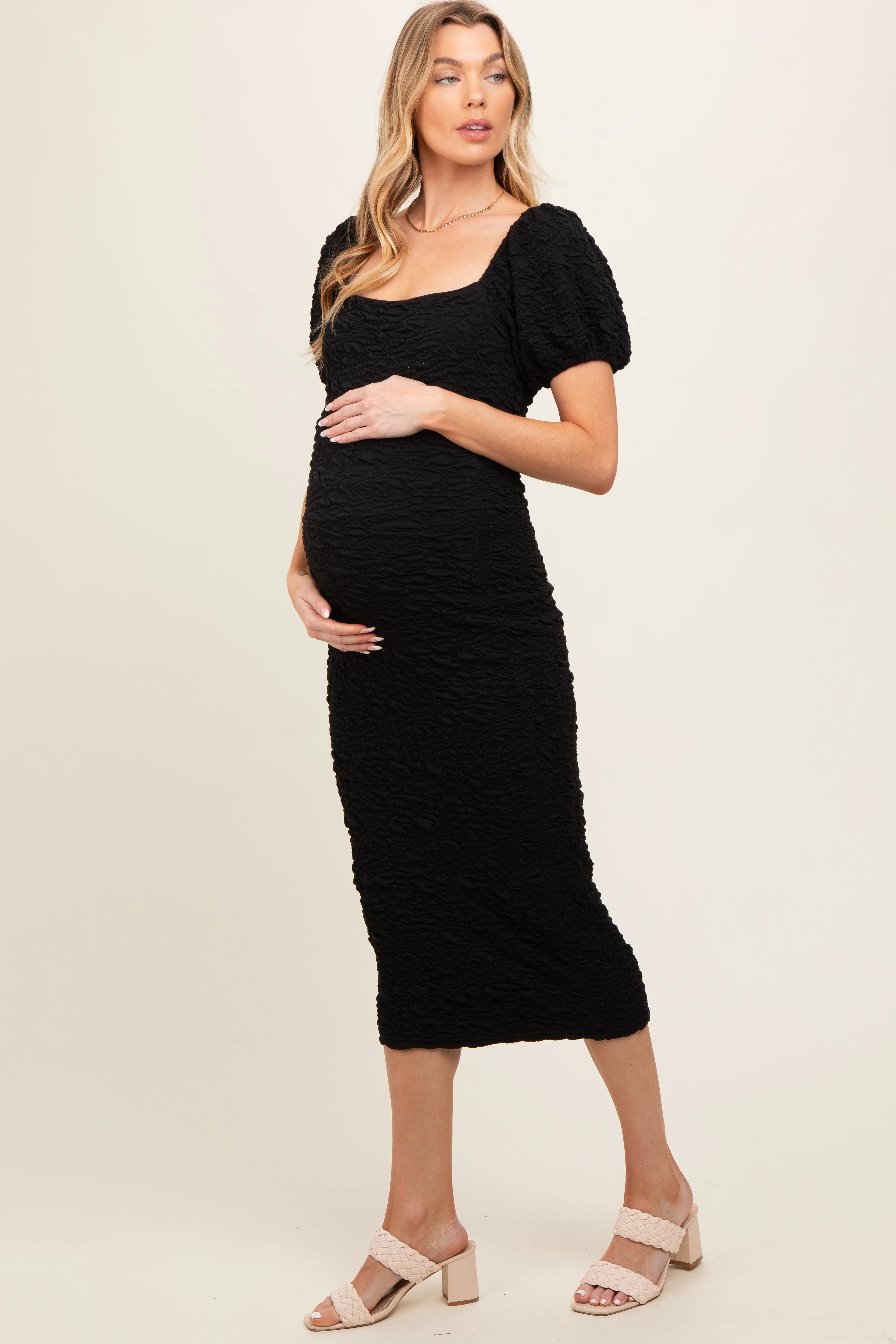 Black Textured Square Neck Puff Sleeve Maternity Midi Dress - Image 3