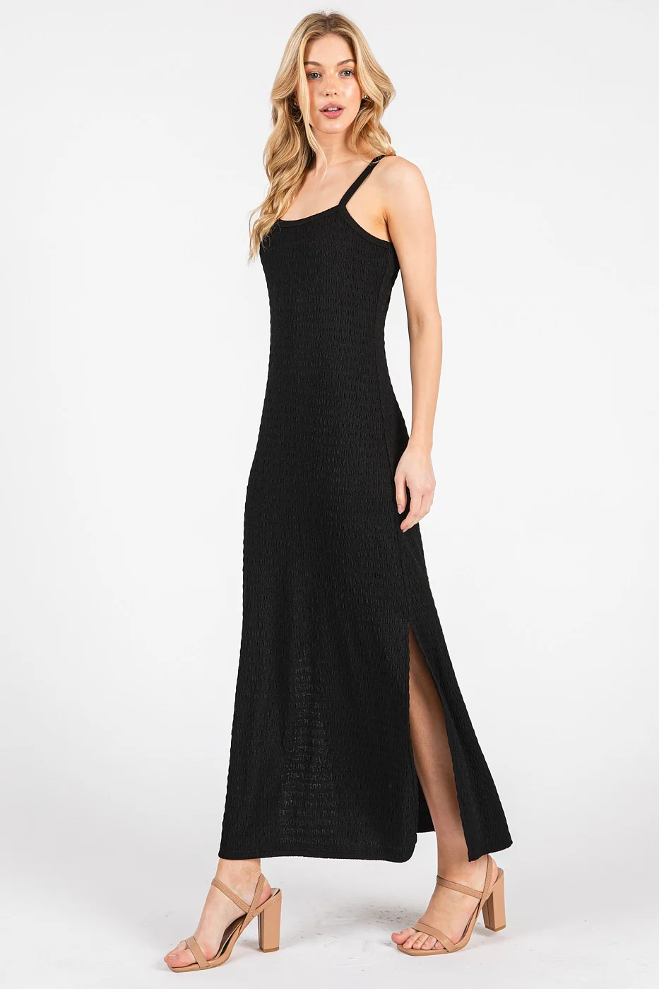 Black Textured Stripe Side Slit Maxi Dress - Image 3