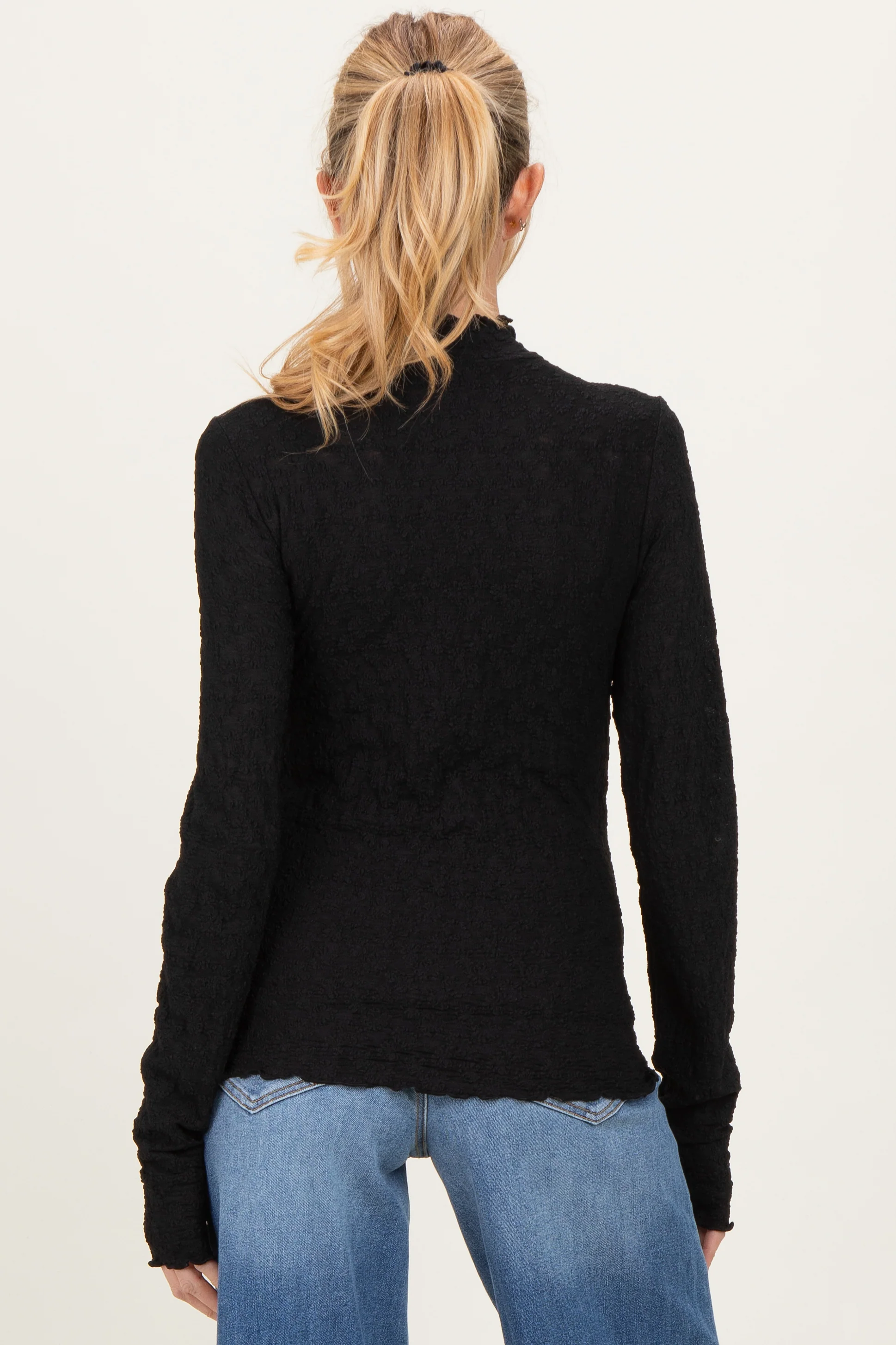 Black Thumbhole Sleeves Mock Neck Lace Maternity Top - Image 4