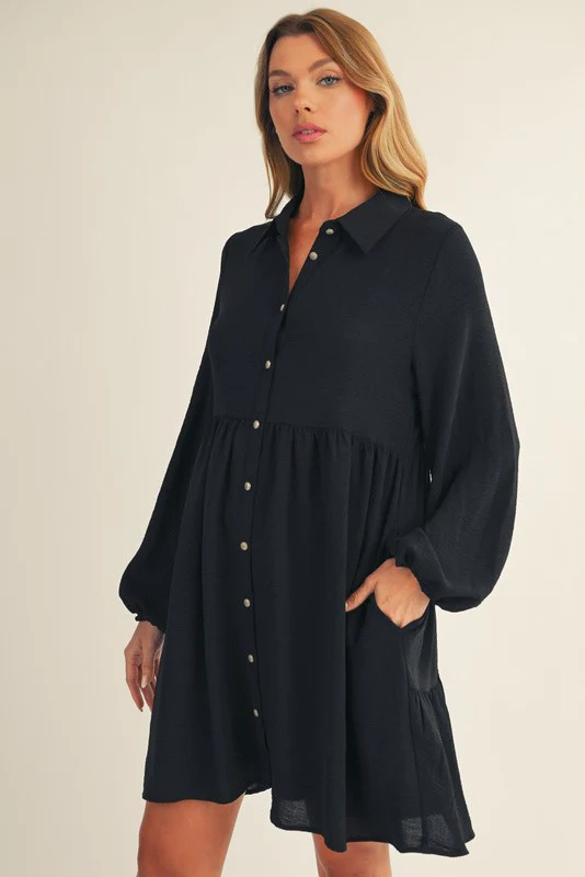 Black Tiered Back Detail Button Down Maternity Dress - Image 4