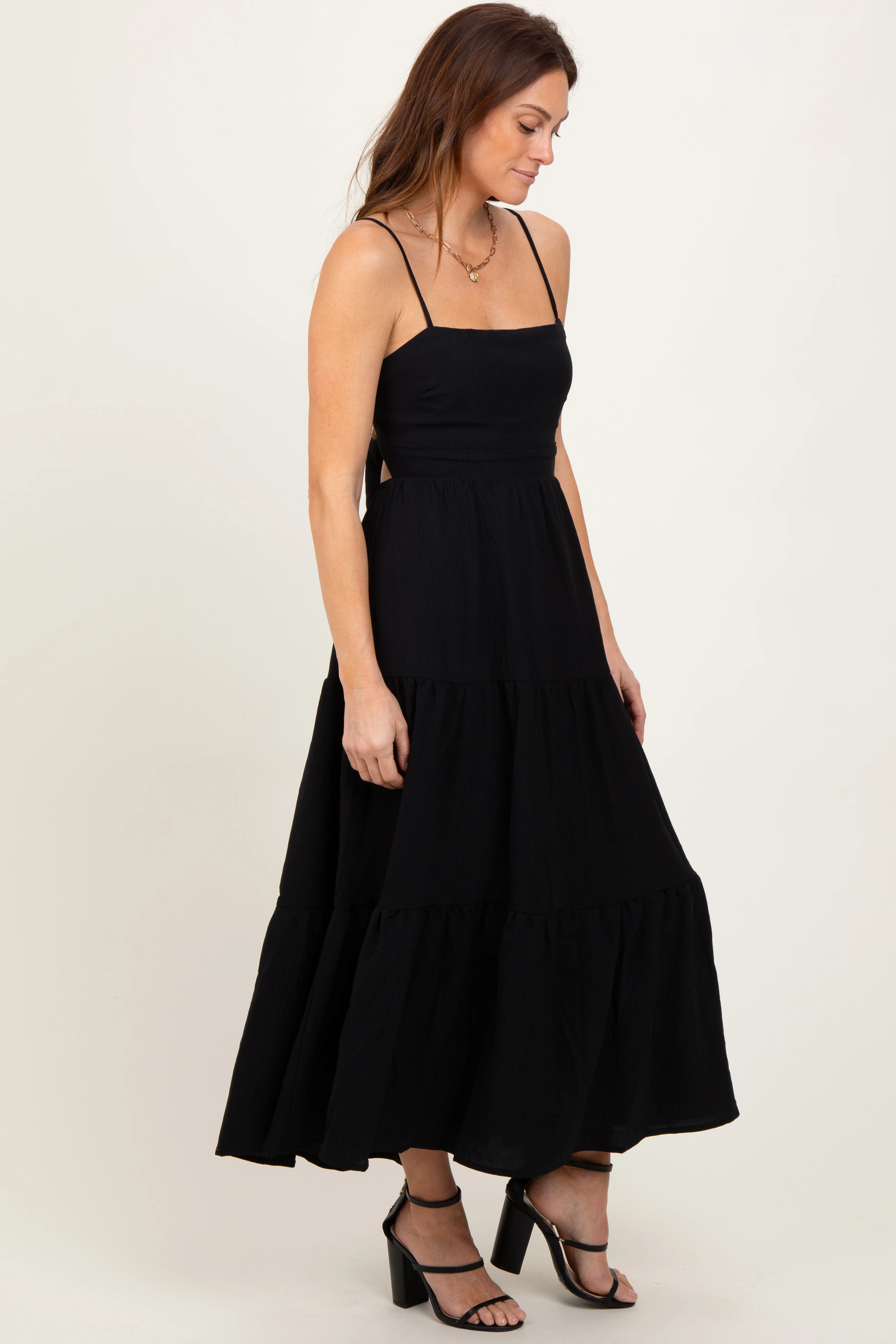 Black Tiered Cutout Tie Back Midi Dress - Image 3