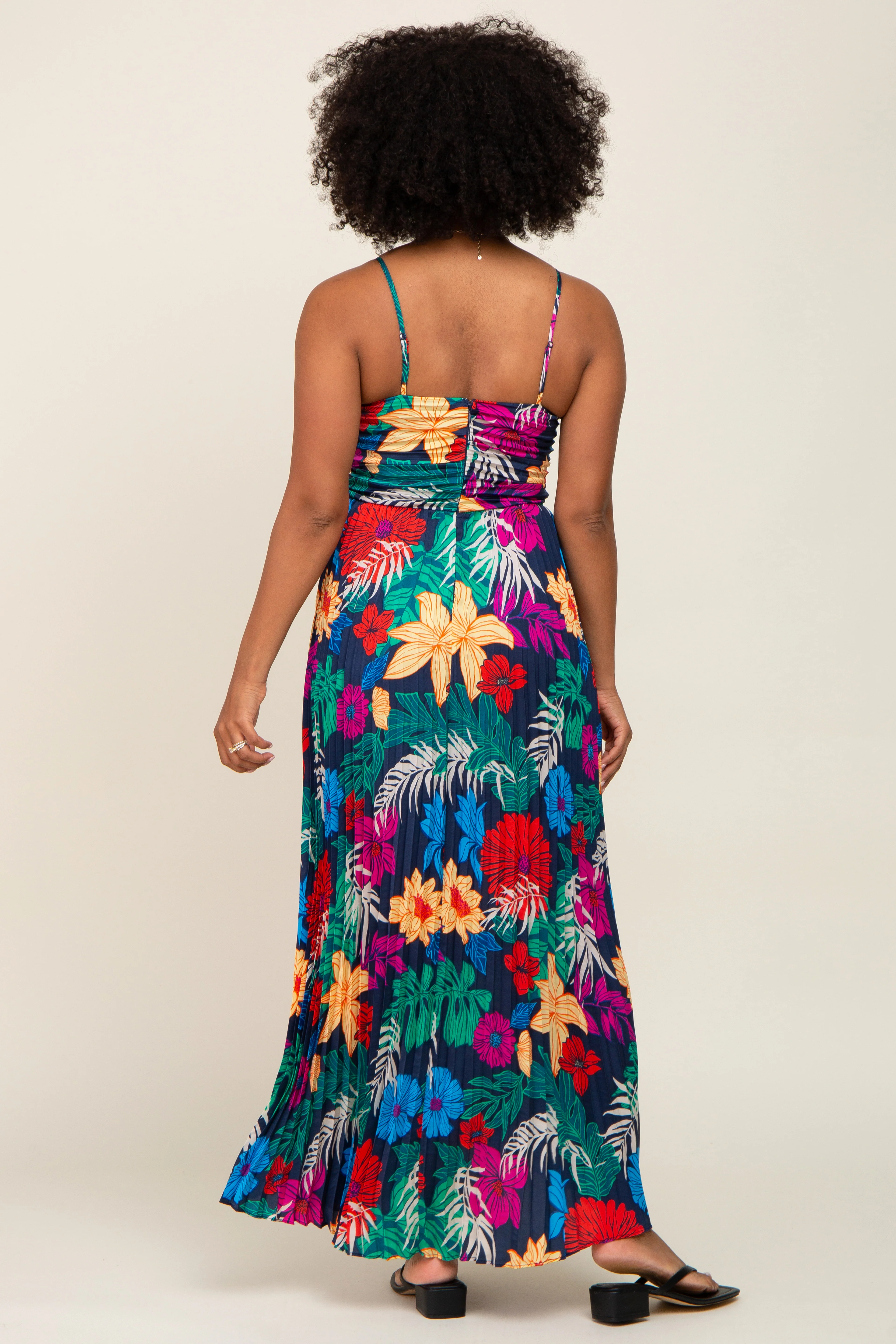 Black Tropical Floral Satin Pleated Maxi Dress - Image 3