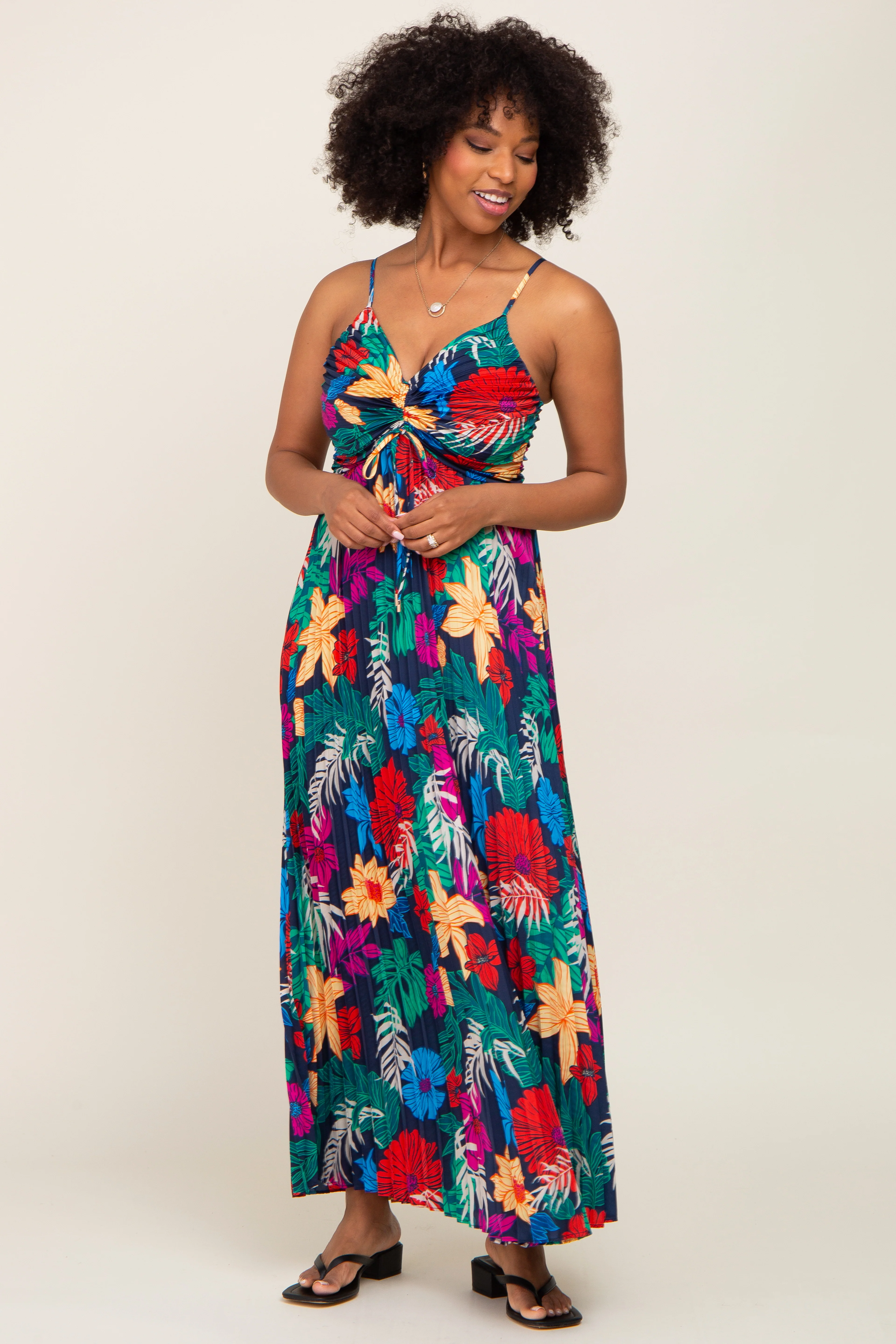 Black Tropical Floral Satin Pleated Maxi Dress - Image 4