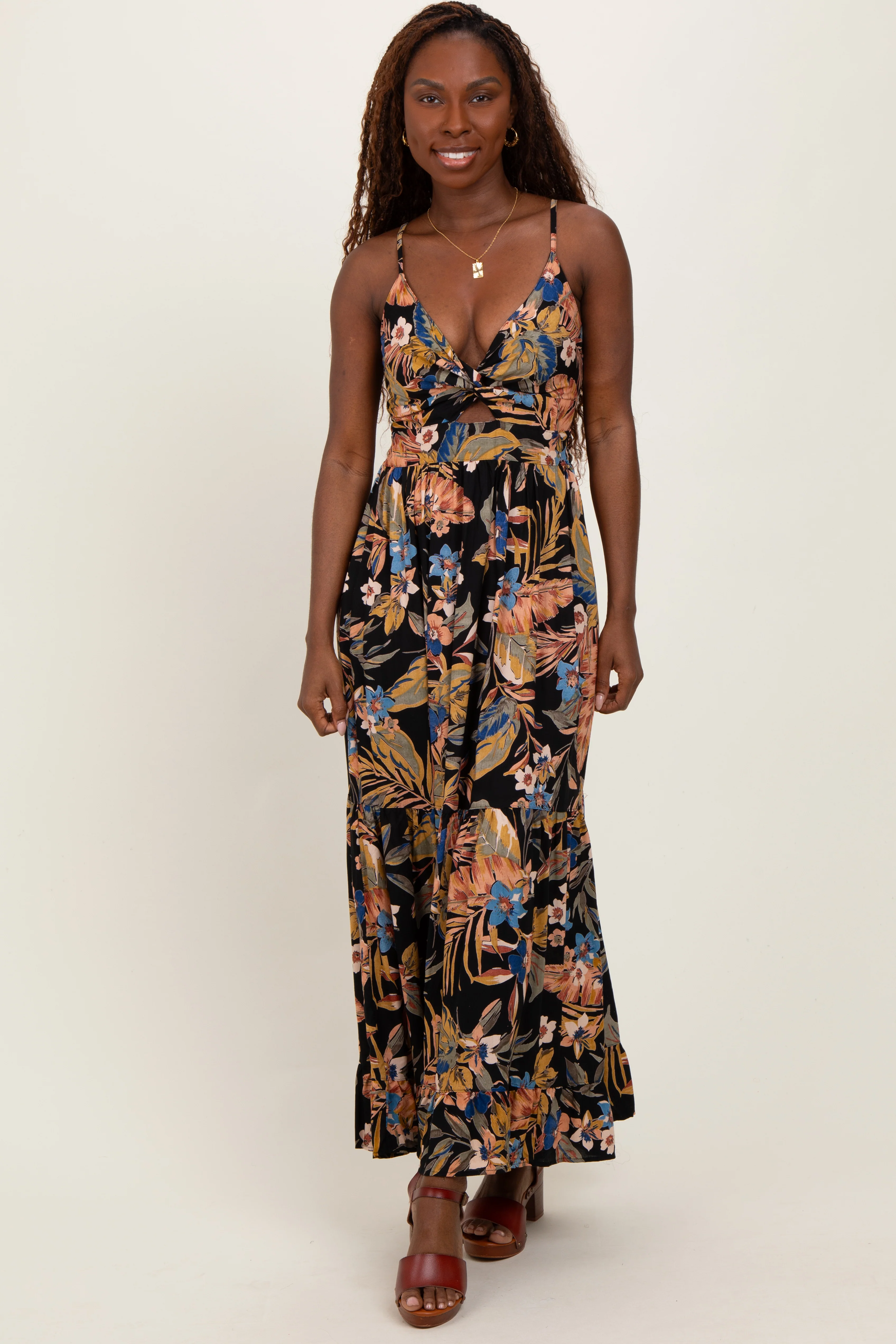 Black Tropical Print Twist Front Cutout Maternity Maxi Dress - Image 6