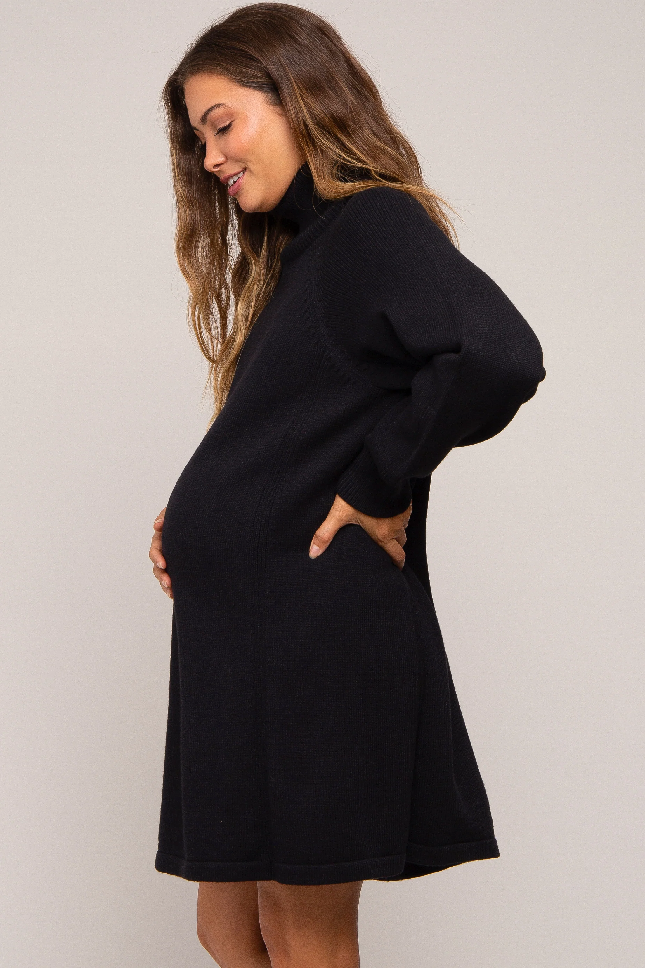 Black Turtleneck Long Sleeve Maternity Sweater Dress - Image 3
