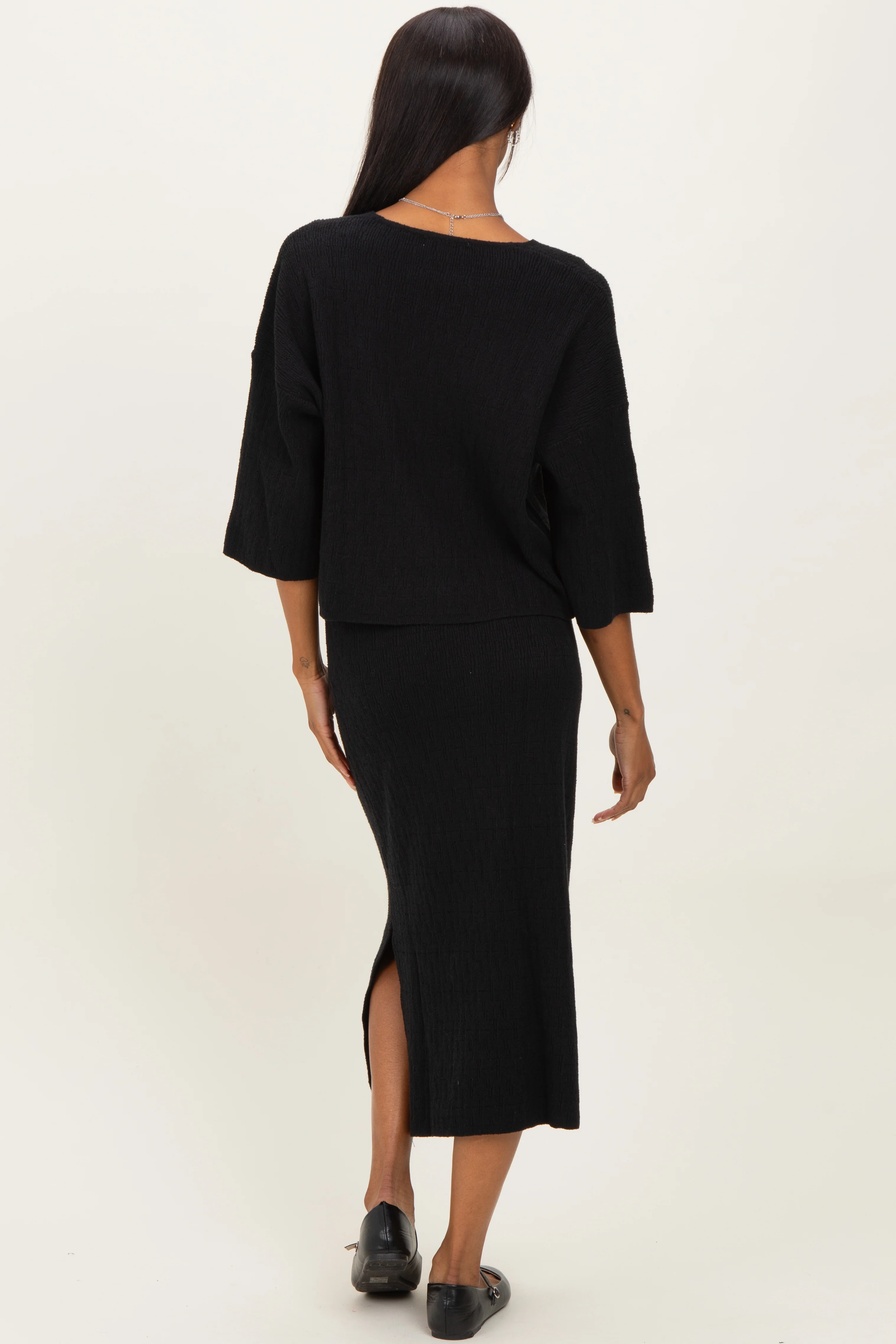 Black V-Neck Knit Skirt Set - Image 4