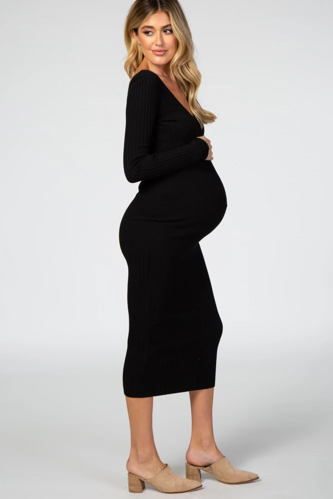 Black V-Neck Long Sleeve Fitted Maternity Maxi Dress - Image 2